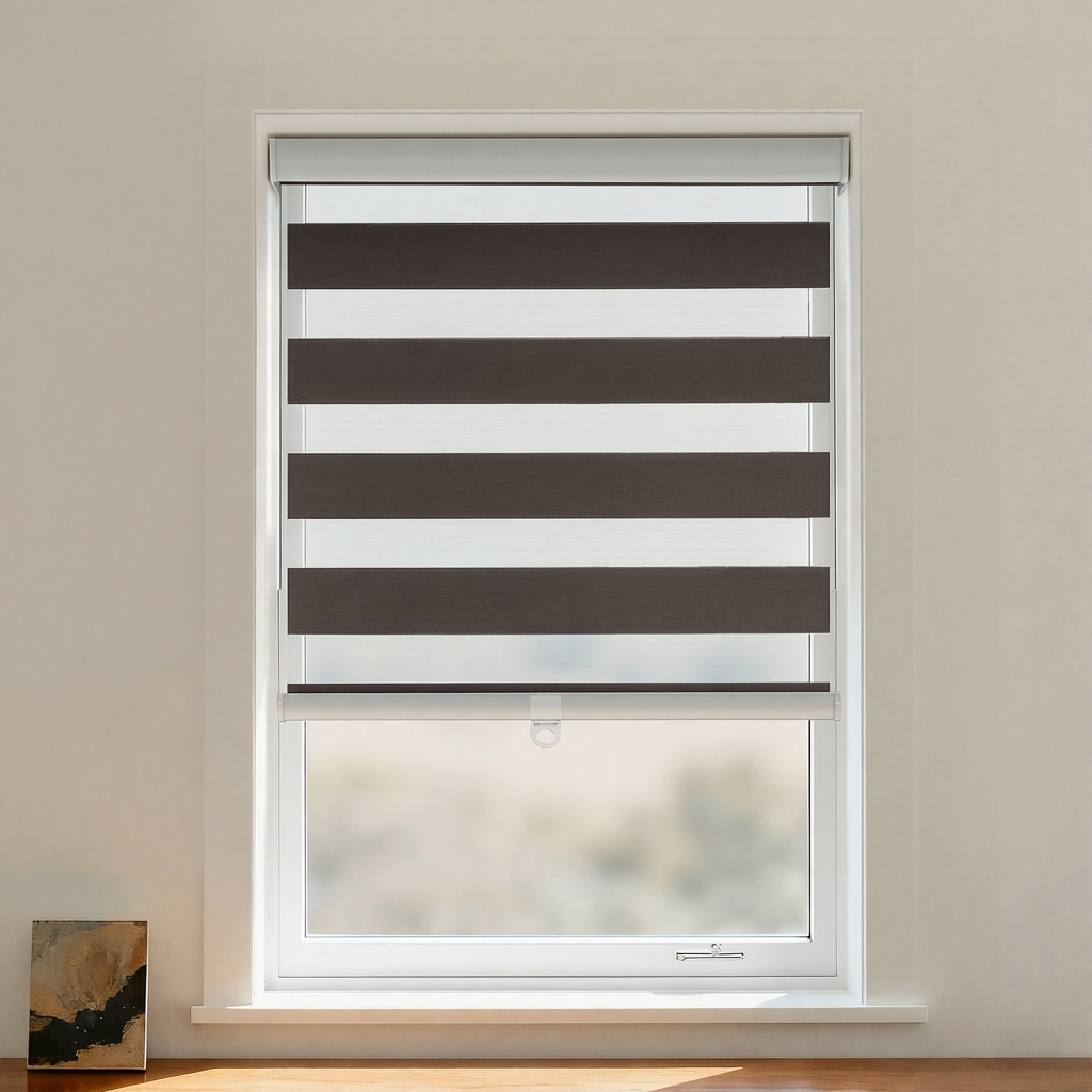 Dove Blackout Zebra Shade Cordless by DWCN Official, featuring black and white striped fabric with a sleek, modern design.