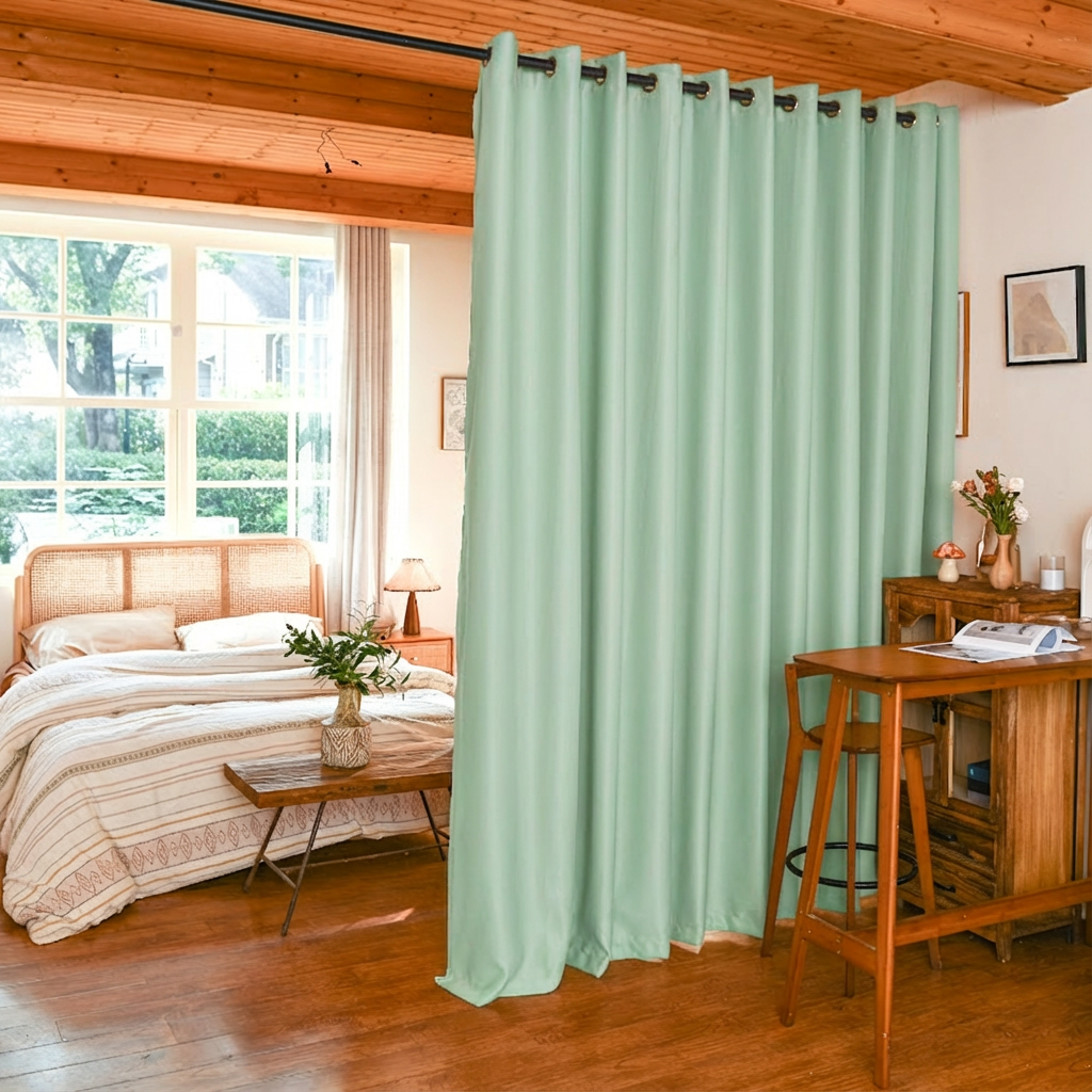 Mint green blackout curtains featuring custom luxury silk fibers, room divider style, by DWCN Official.