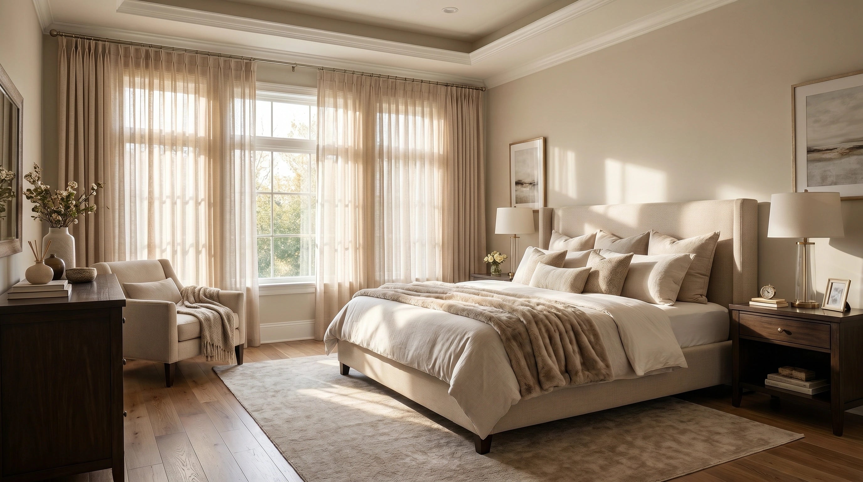 Beige sheer window curtains for bedroom, offering soft filtered sunlight, home privacy, and a warm neutral bedroom curtain style.