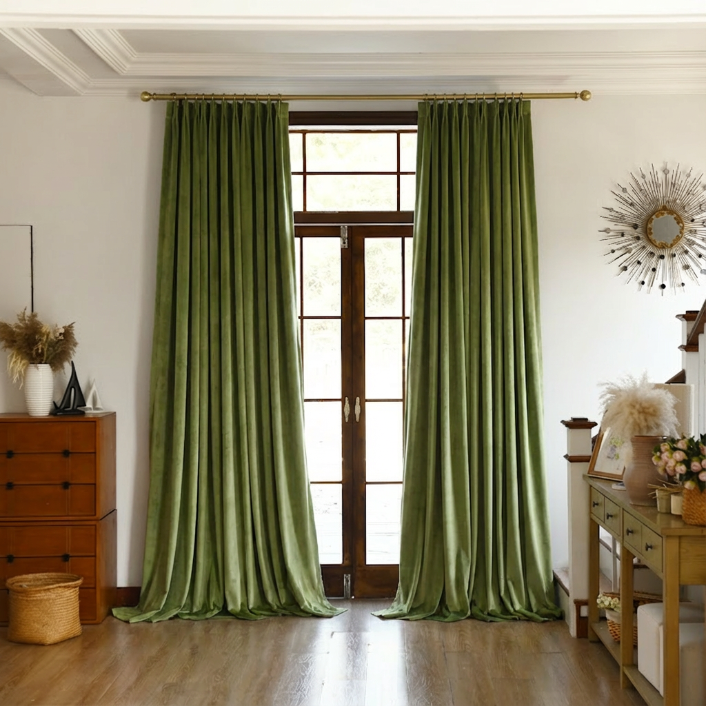 Moss green velvet blackout curtain from DWCN Official, showcasing luxurious fabric and full-length window coverage.