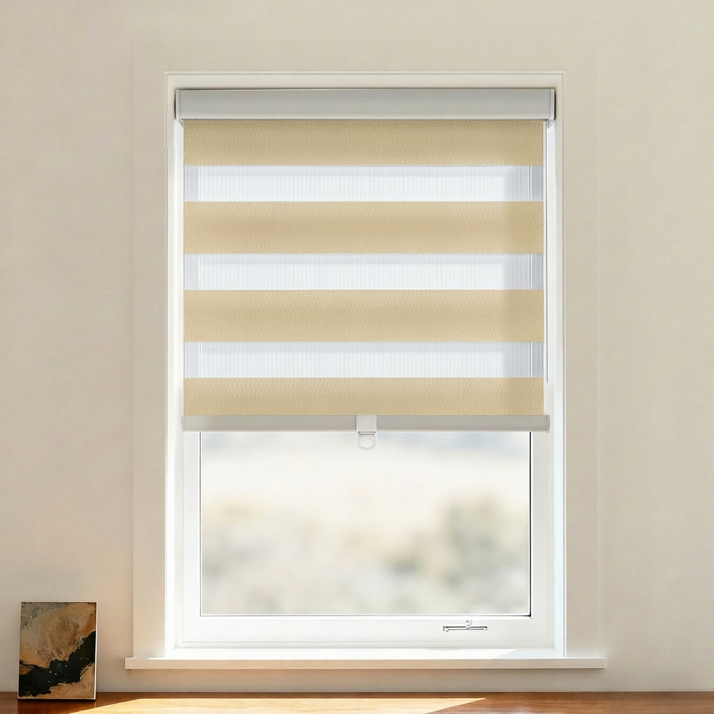 Black Bondi Blackout Zebra Shade Cordless by DWCN Official, featuring black and white striped zebra pattern for light control.