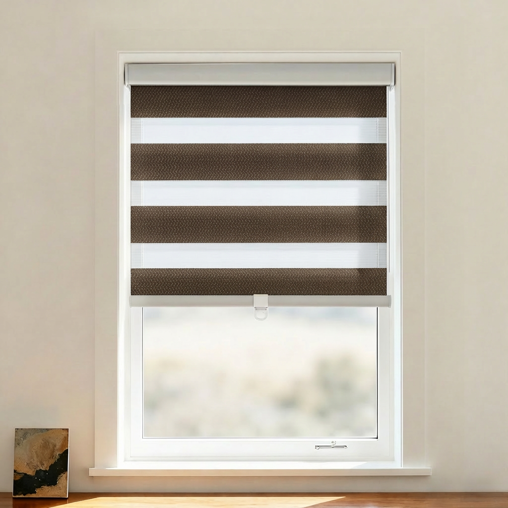 Black Bondi Blackout Zebra Shade Cordless from DWCN Official with black and white striped pattern, fabric window covering.