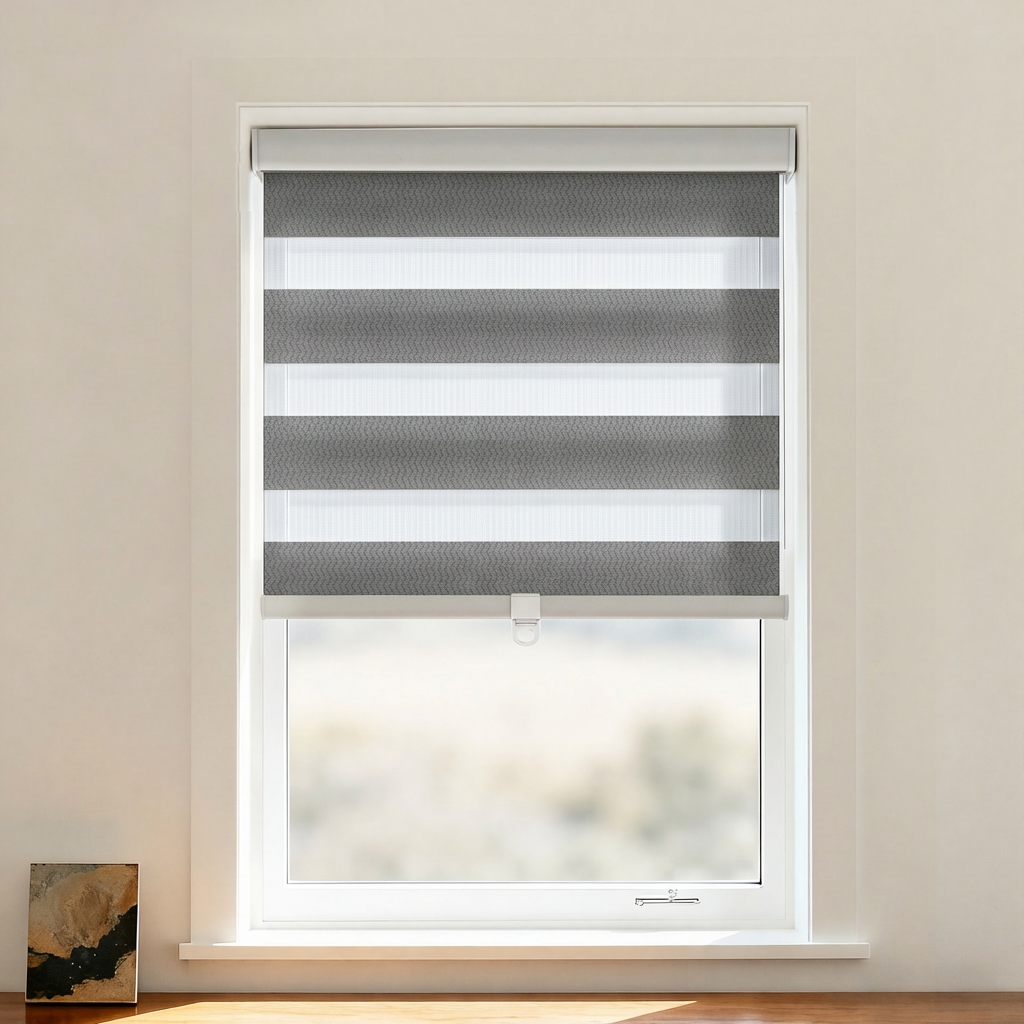 Bondi Blackout Zebra Shade Cordless by DWCN Official, featuring black and white zebra pattern and sleek, modern design.