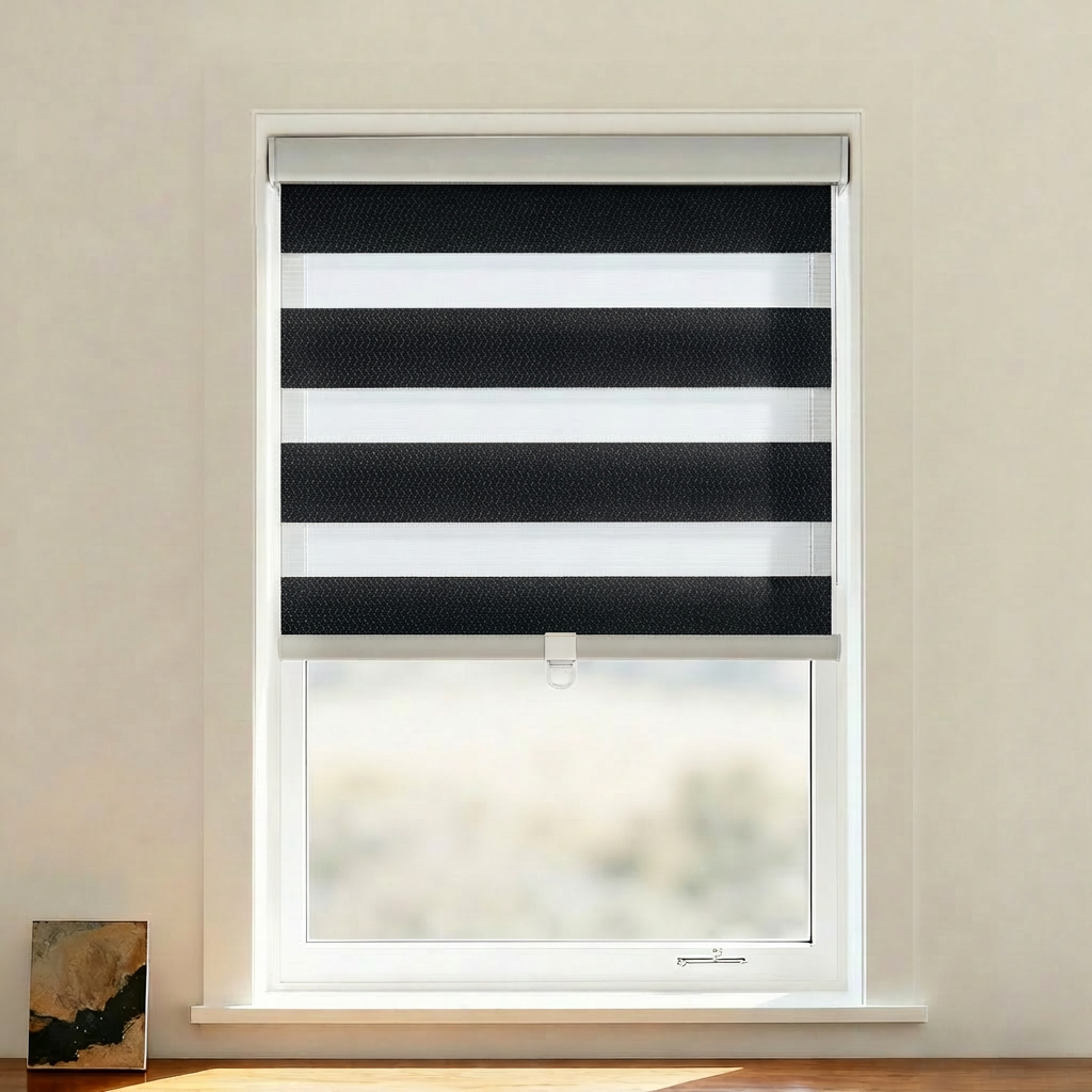 Black cordless zebra shade from DWCN Official featuring black and white stripe pattern, designed for blackout privacy and light control.