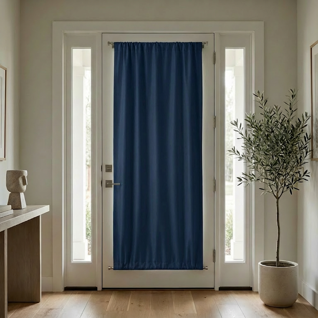 Navy blue luxury silk-fiber French door blackout curtains by DWCN Official, showcasing elegant, smooth fabric and full coverage.