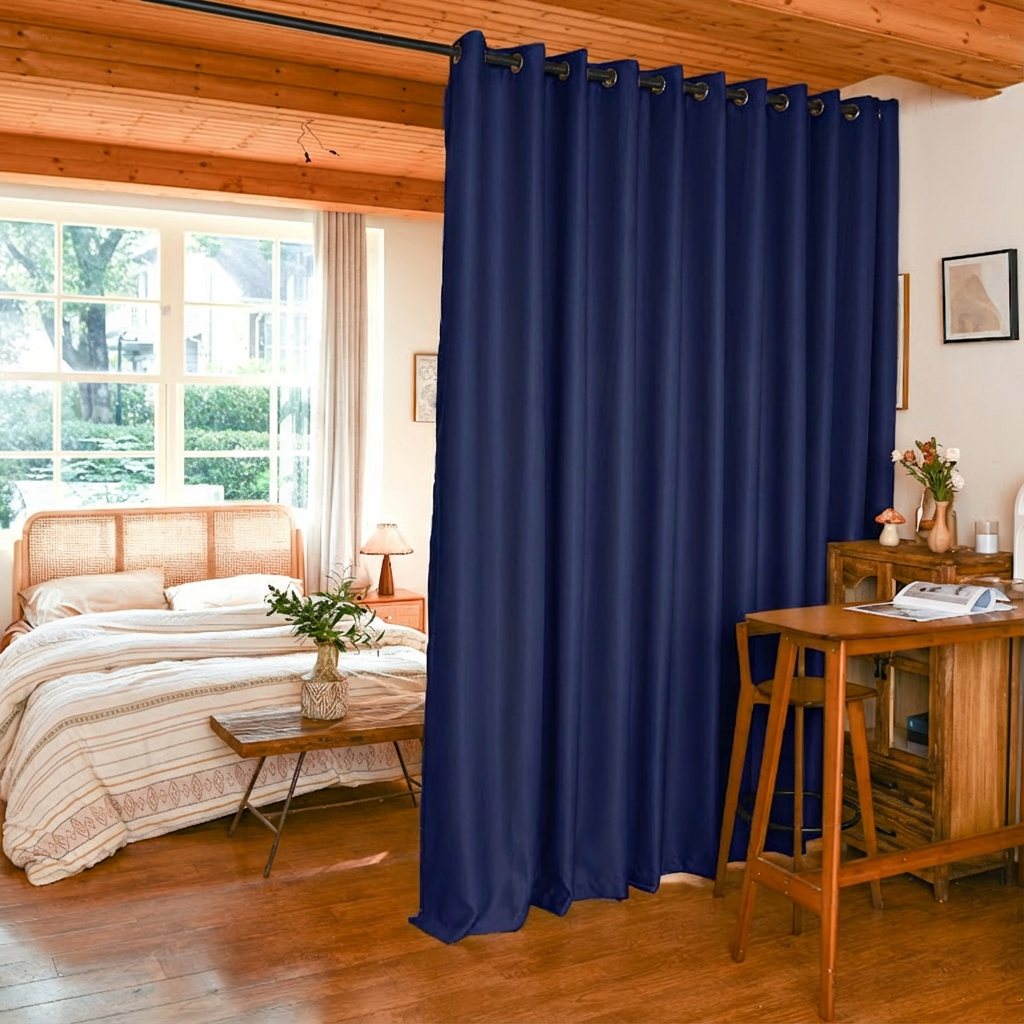 Navy blue luxury silk fibers blackout room divider curtains by DWCN Official, smooth fabric with elegant appearance.