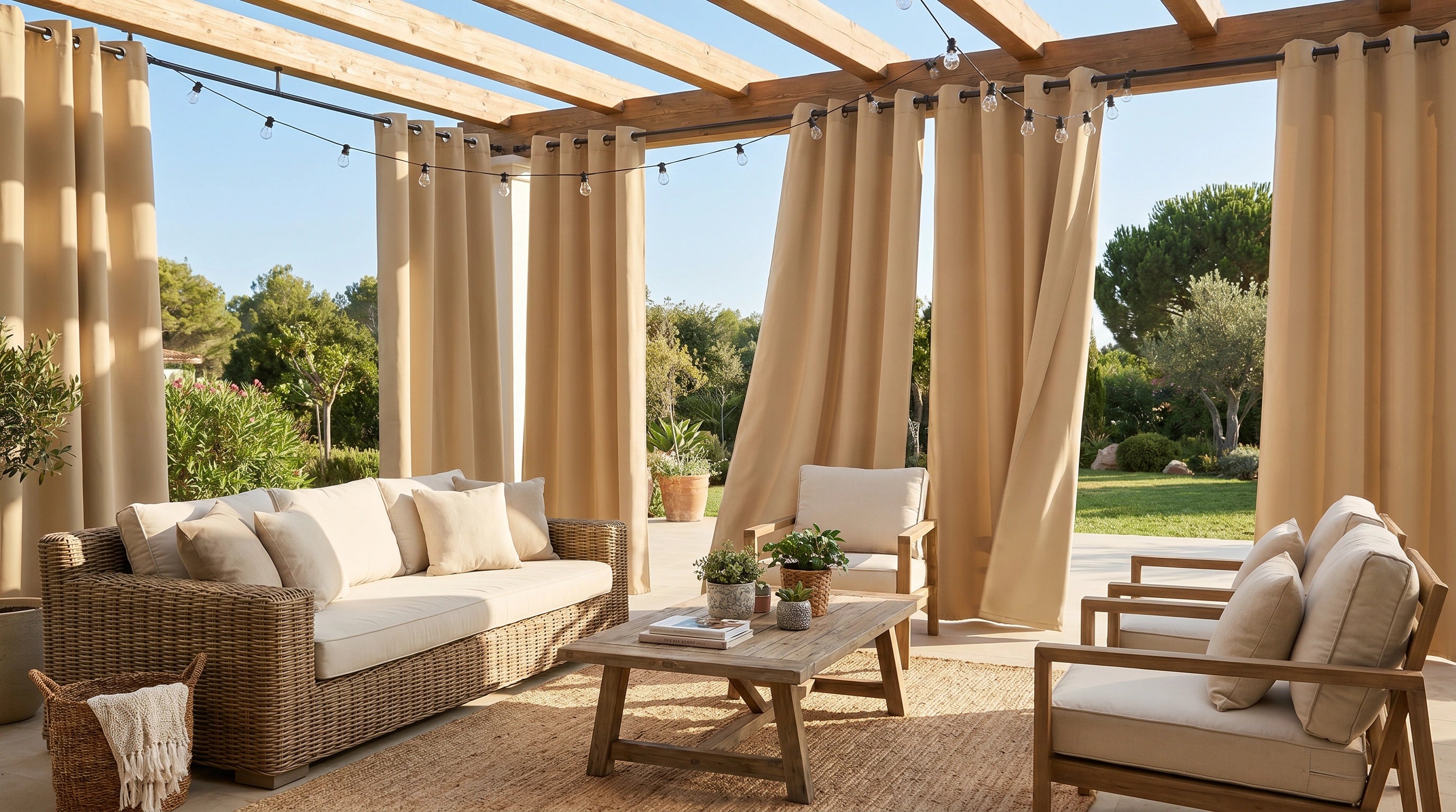 Custom outdoor curtains with grommets on top, styled on a pergola patio for sun shade, privacy, and relaxed outdoor living.