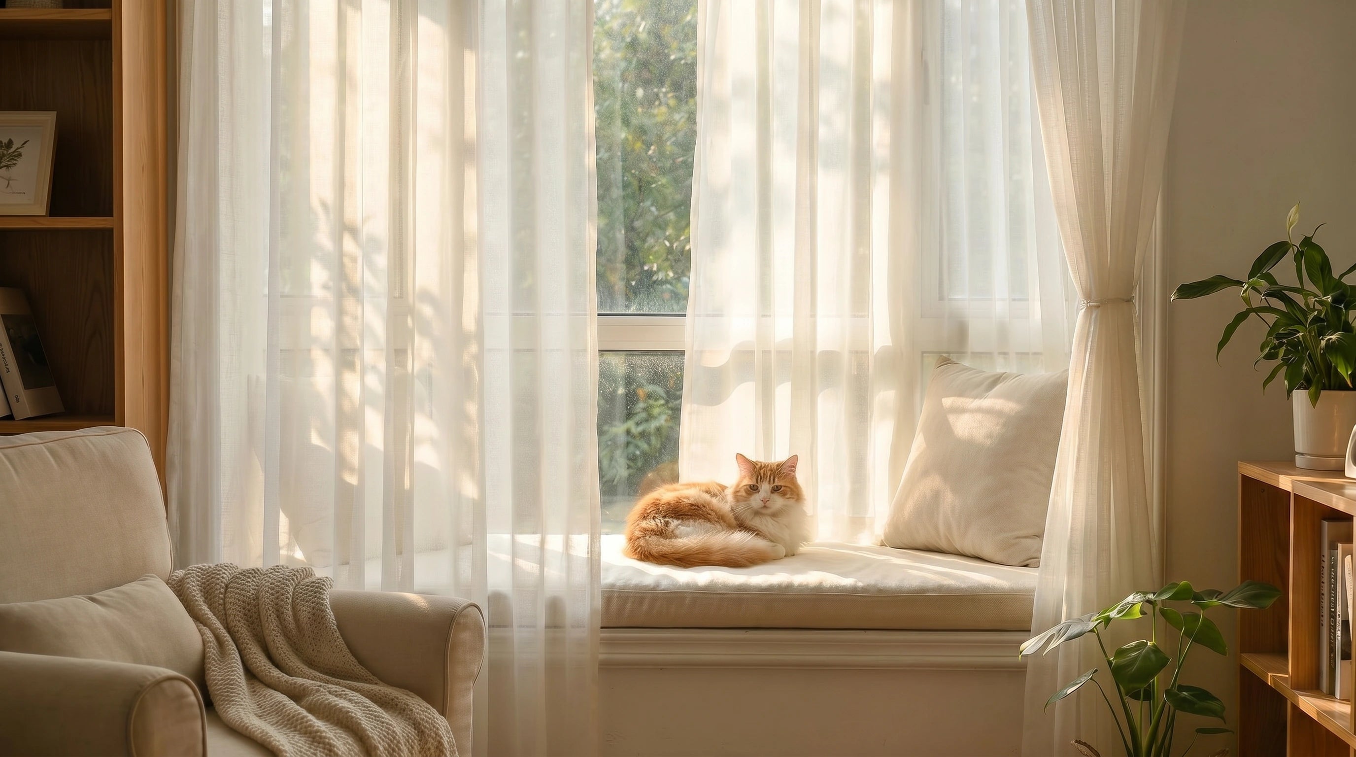 Pet friendly white sheer curtains for home windows, offering soft light filtering, indoor privacy, and a cozy window seat for pets.