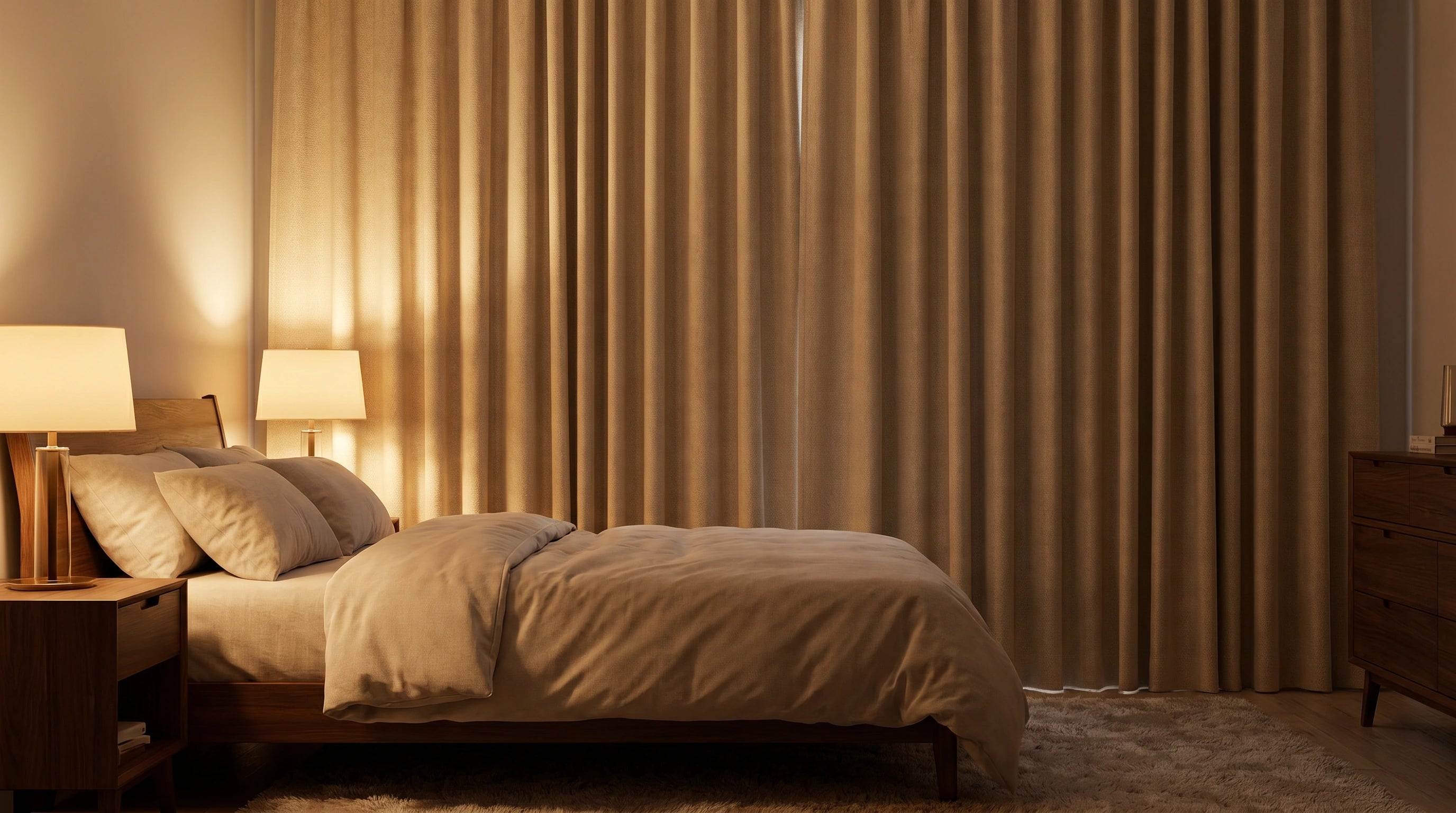 Bedroom blackout curtains in dark beige fabric, styled with full length pleats for room privacy, warm ambiance, and restful sleep.