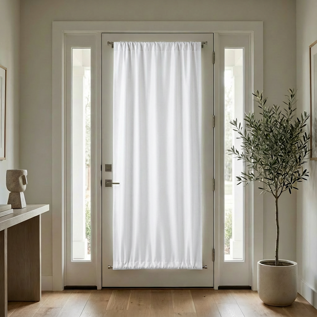 White luxury silk-fiber French door blackout curtains by DWCN Official, showcasing smooth fabric and elegant design.