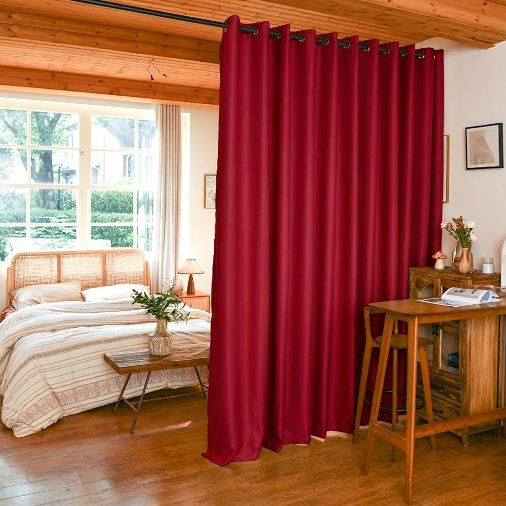 Black luxury silk fibers blackout room divider curtains by DWCN Official, featuring a deep red color and elegant fabric design.