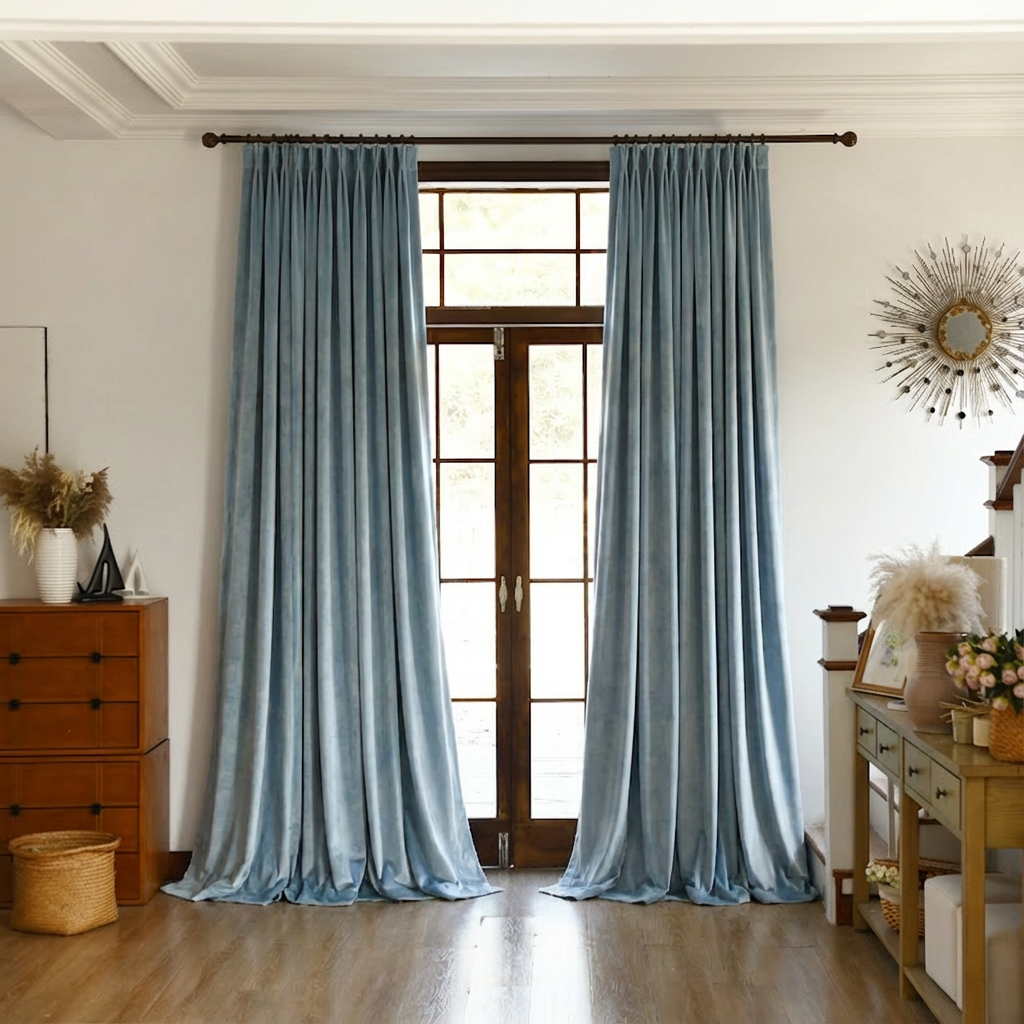 Stone blue custom premium velvet blackout curtains by DWCN Official, showcasing luxurious fabric and elegant design.