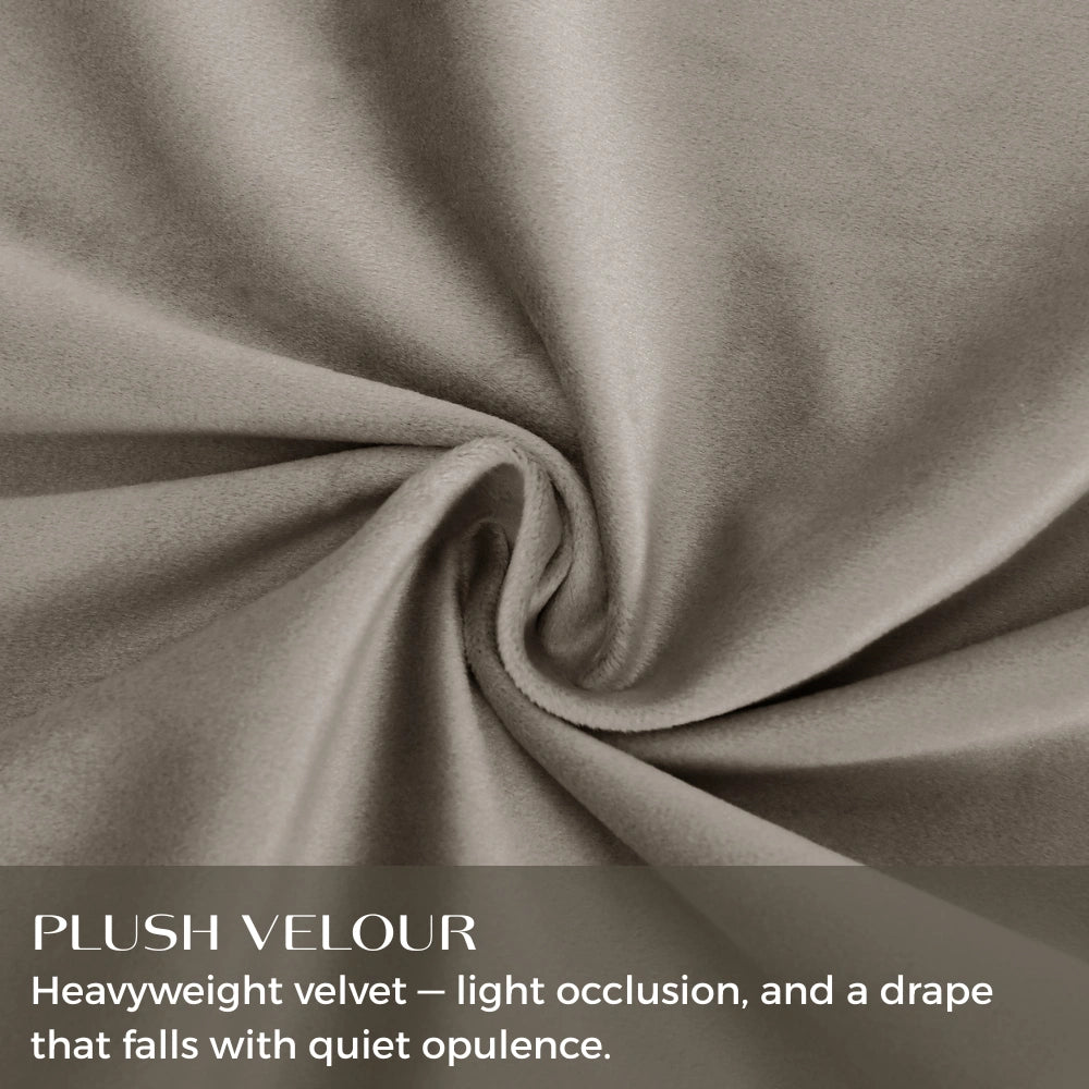Close-up of DWCN Official custom premium velvet blackout curtains with pencil pleat header in black fabric.