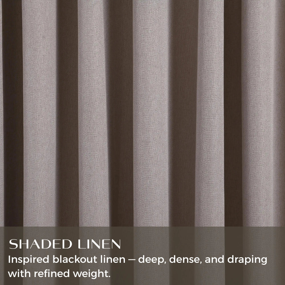 Natural linen blackout curtains with woven texture and pencil pleat top, designed for elegant light control by DWCN Official.