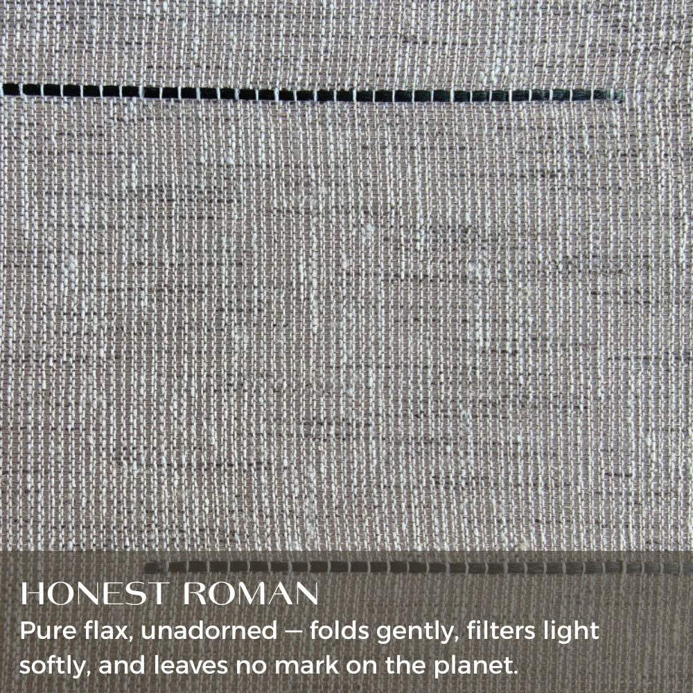 DWCN Official Matilda custom linen Roman shades with pencil pleat top, showcasing elegant beige fabric and tailored design.