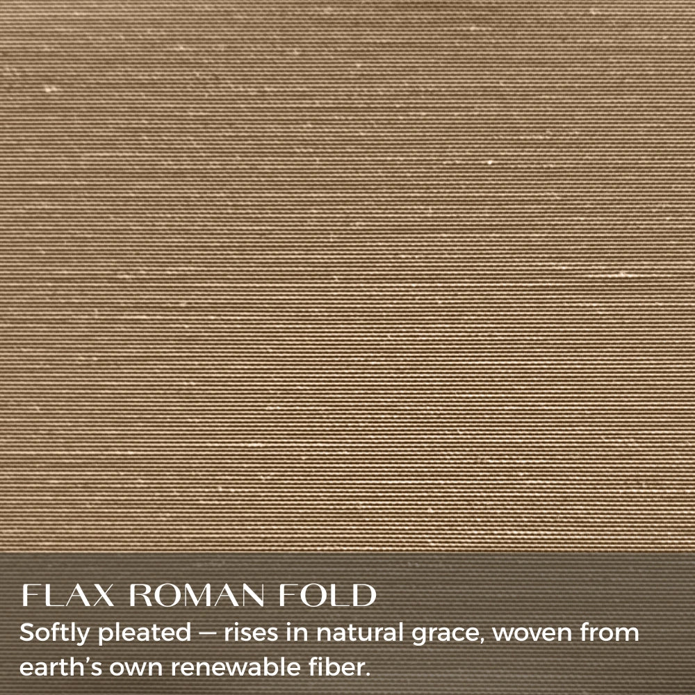 Ophelia custom linen Roman shades with pencil pleat design, featuring natural woven fabric and elegant pleating detail.