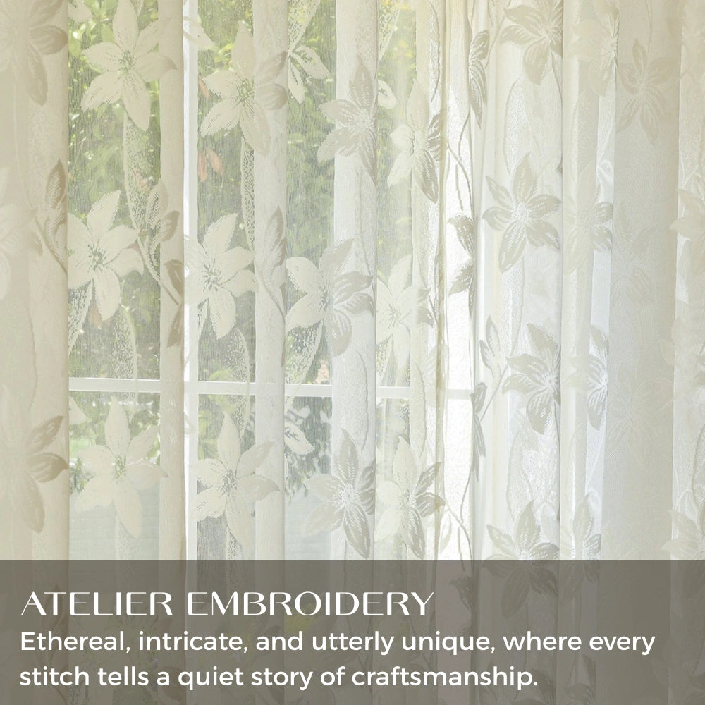 Custom semi-sheer lace voile curtains with pencil pleat header, featuring delicate lace patterns and light-filtering fabric from DWCN Official.