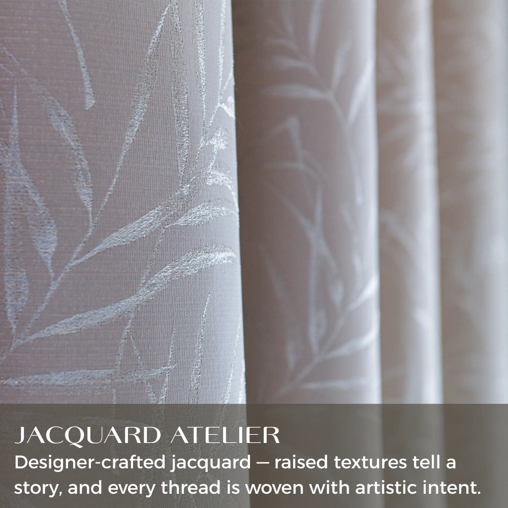 DWCN Official Elowen embroidered-pattern cotton curtain with pencil pleats, showcasing intricate embroidery and soft fabric texture.