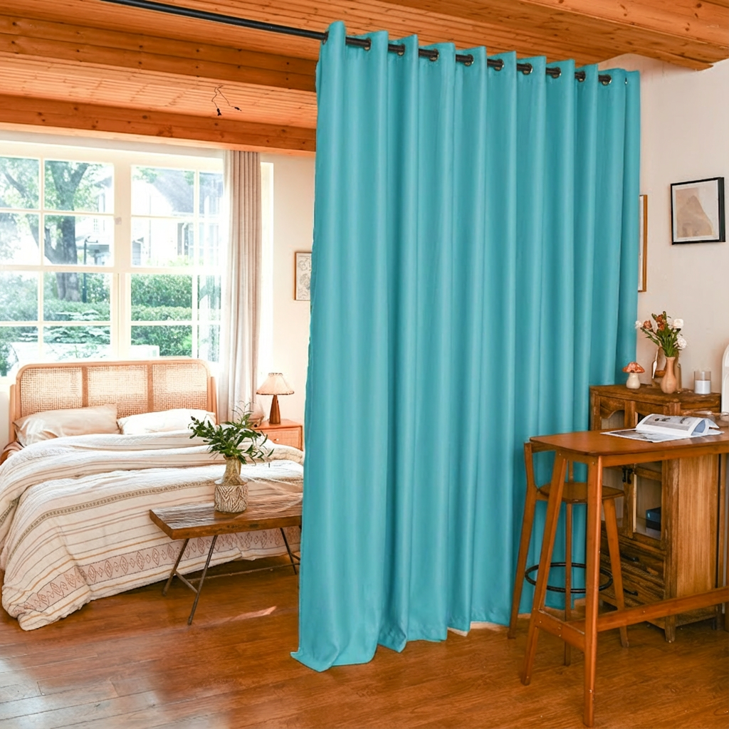 Turquoise luxury silk fibers blackout curtains from DWCN Official, designed as a stylish room divider with elegant texture.
