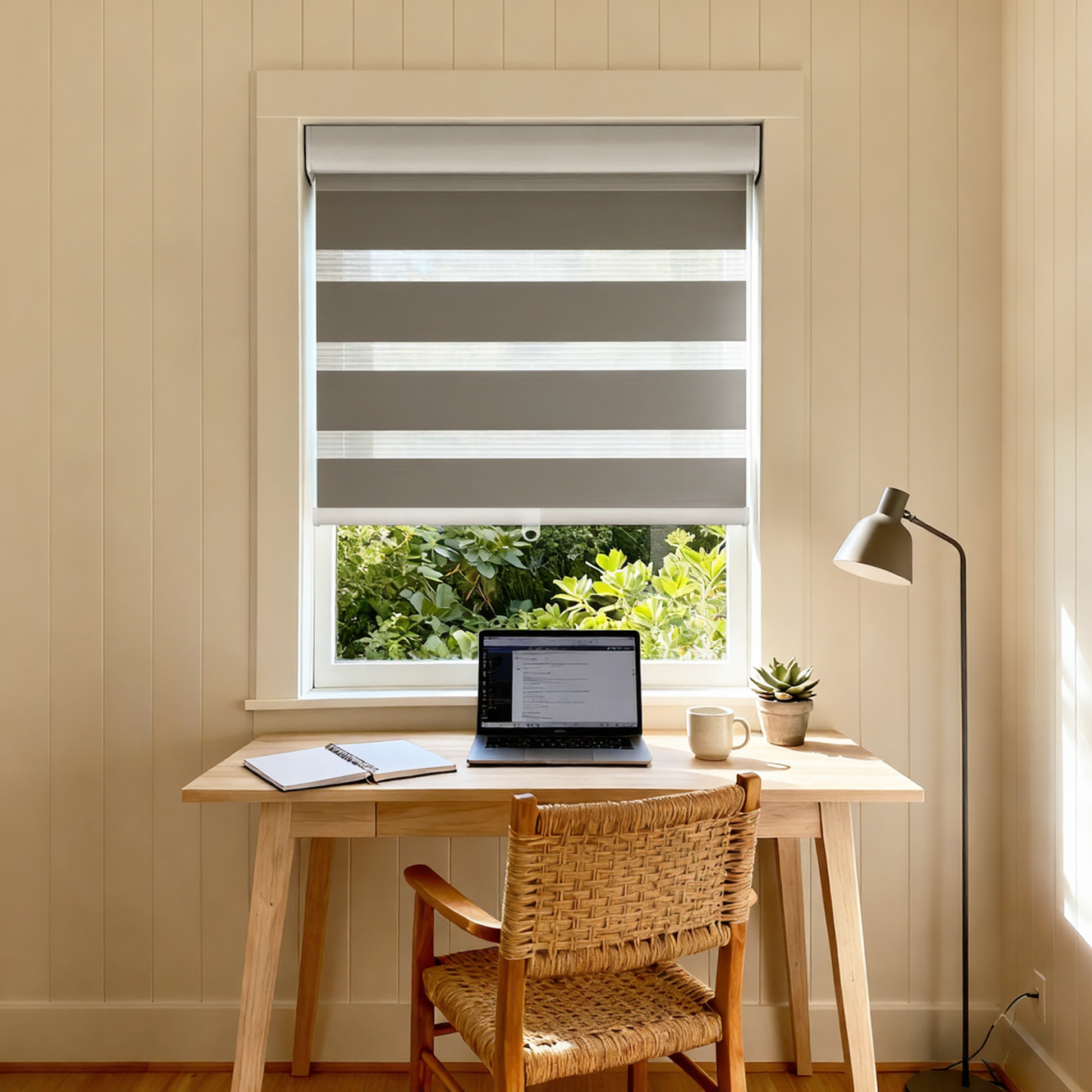 DWCN Official Marnle Blackout Zebra Shade cordless window covering with black and white striped design in close-up image