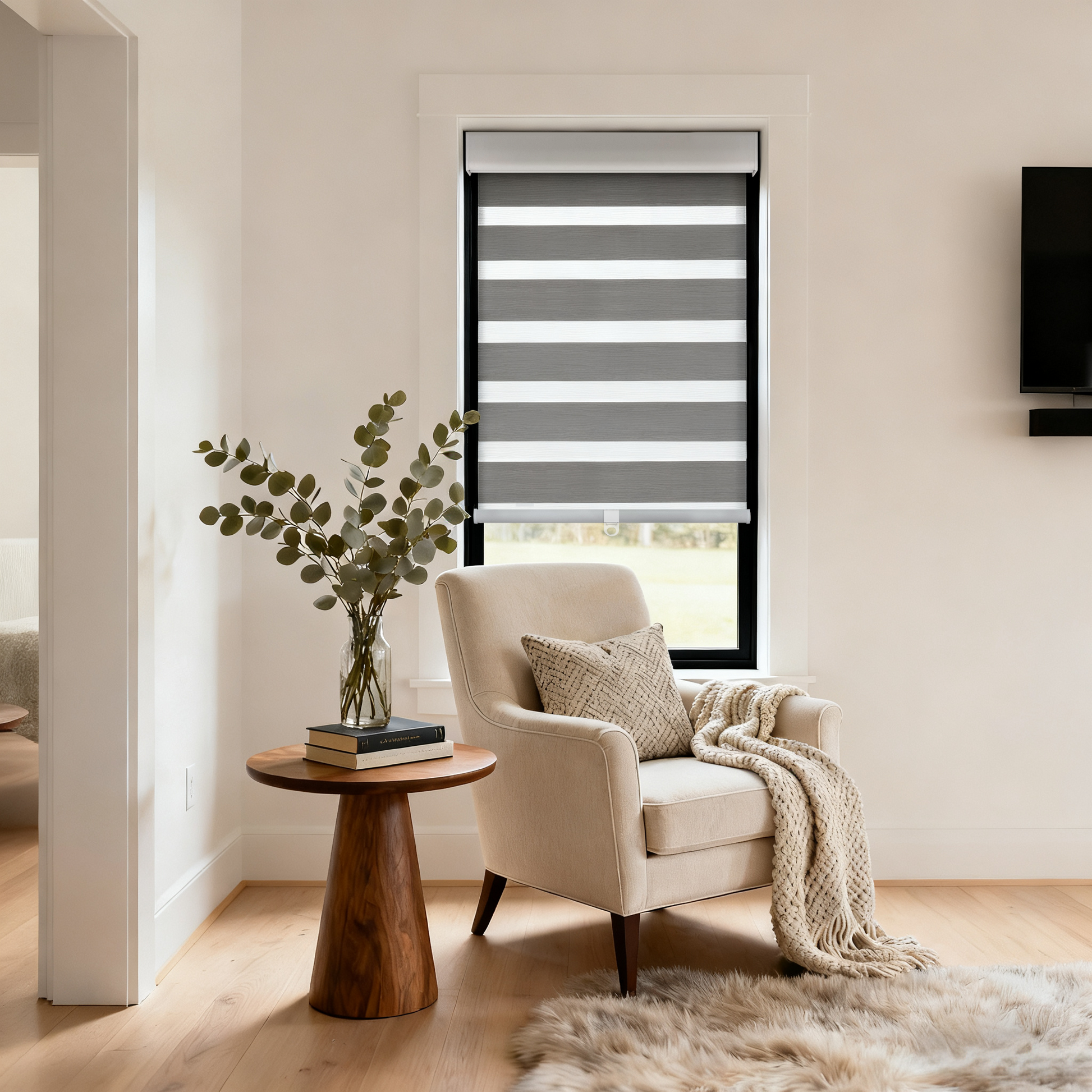 Nicole Blackout Zebra Shade Cordless by DWCN Official, showing a stylish black and white zebra-striped window shade with a cordless design.