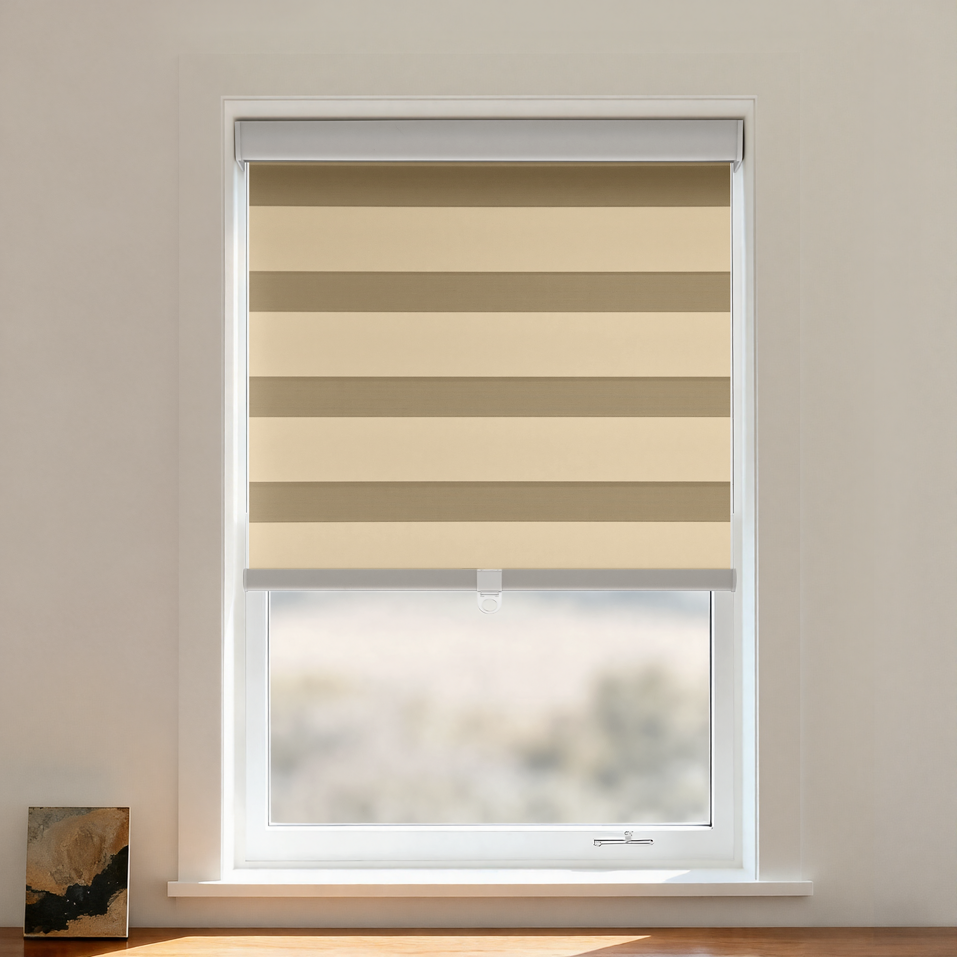 Black cordless zebra shade by DWCN Official, featuring black and white striped fabric for stylish blackout window coverage.