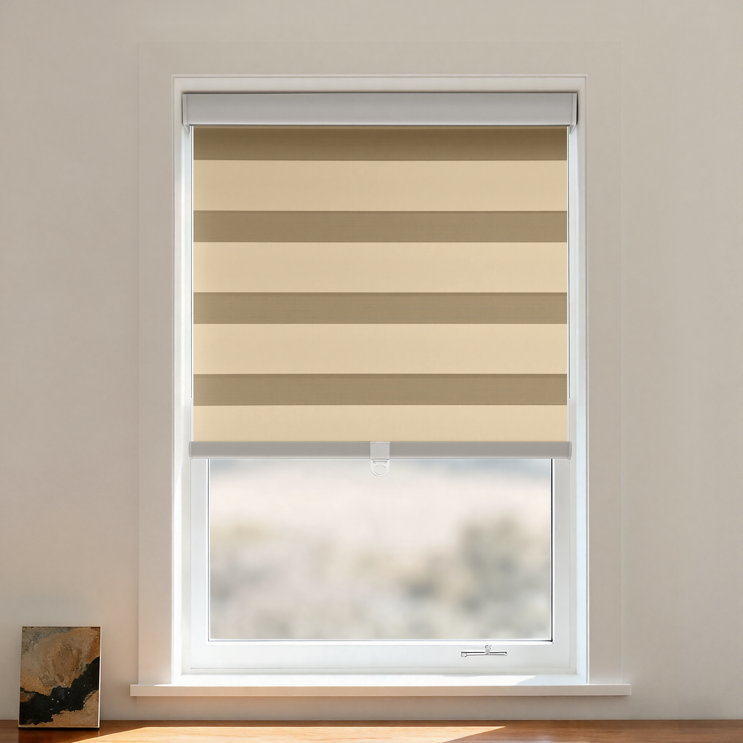 Black cordless zebra shade by DWCN Official, featuring black and white striped fabric for stylish blackout window coverage.