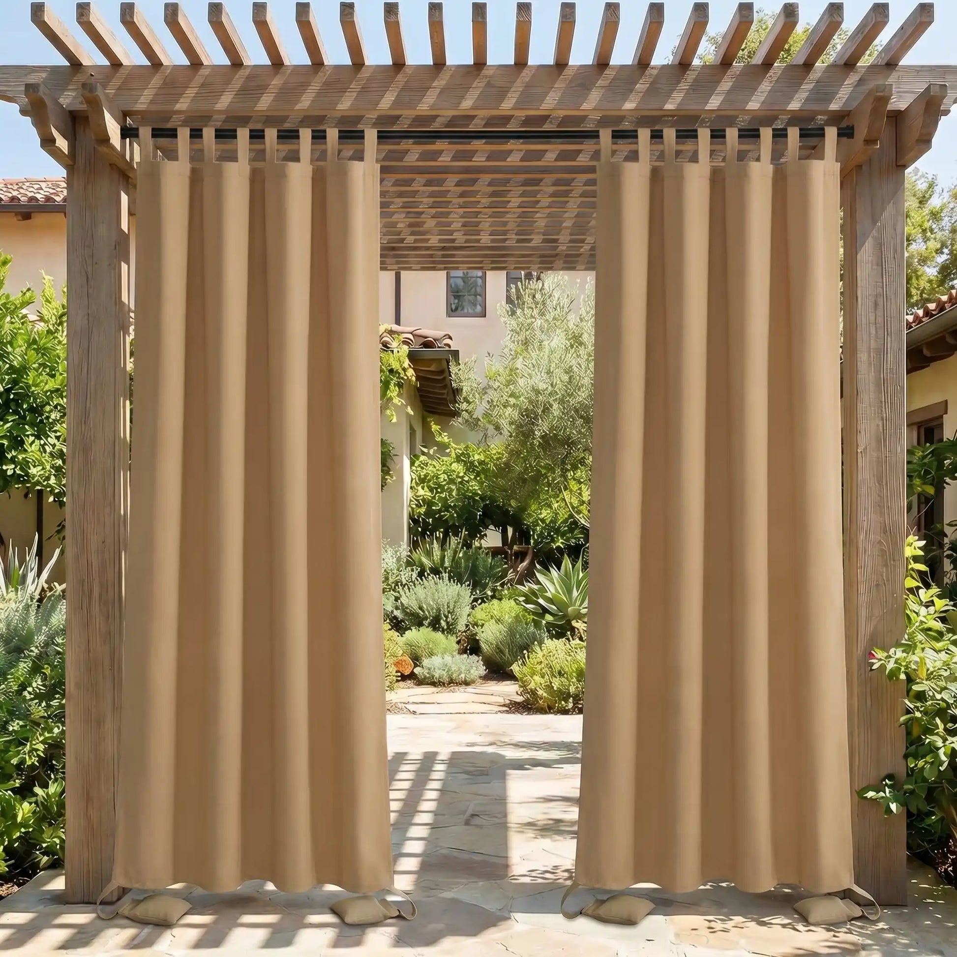 DWCN official outdoor curtain with tab top and weighted bottom, windproof and waterproof fabric, suitable for outdoor patio or garden use.