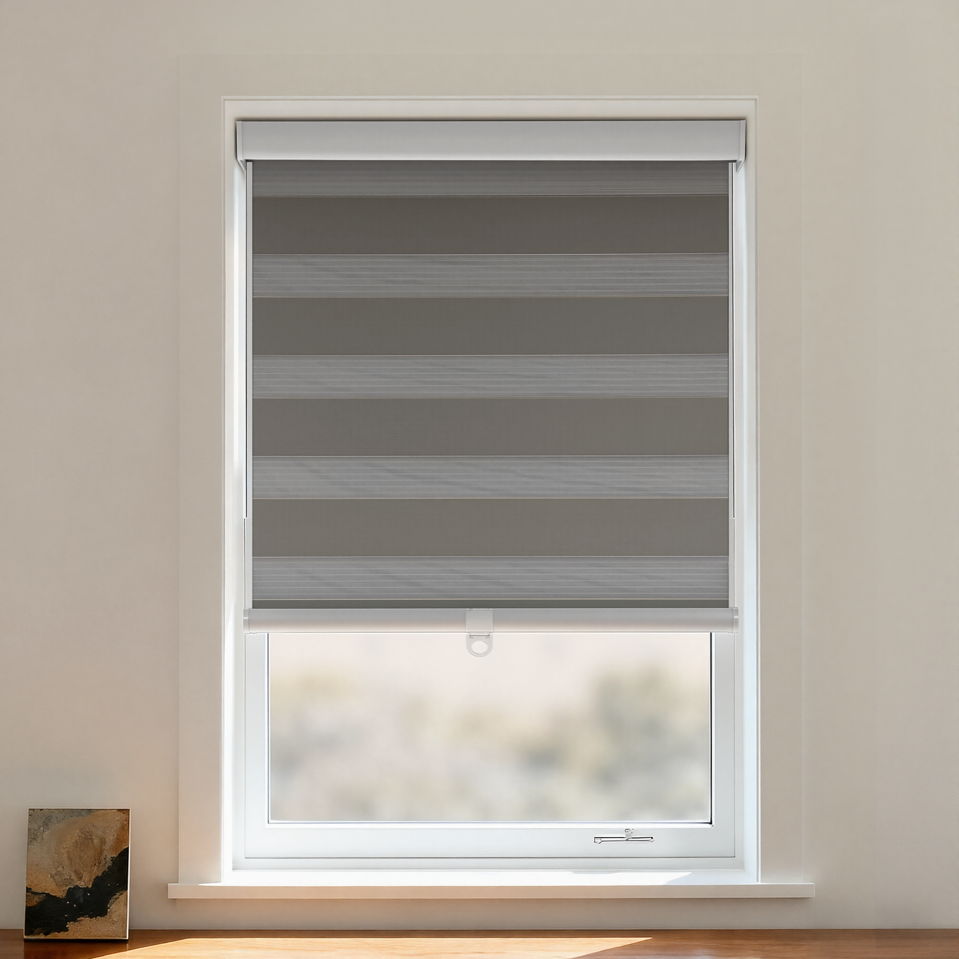 Black cordless zebra shade by DWCN Official featuring black and white zebra pattern for stylish blackout window coverage.