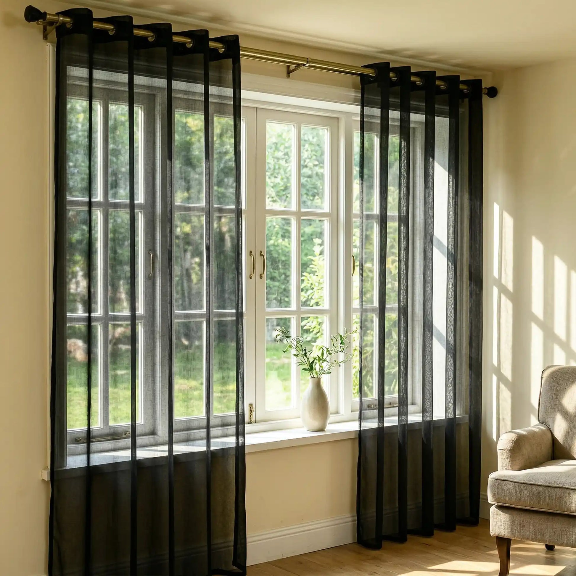 Black linen texture solid sheer curtains from DWCN Official, showcasing lightweight, semi-transparent fabric for elegant window decor.