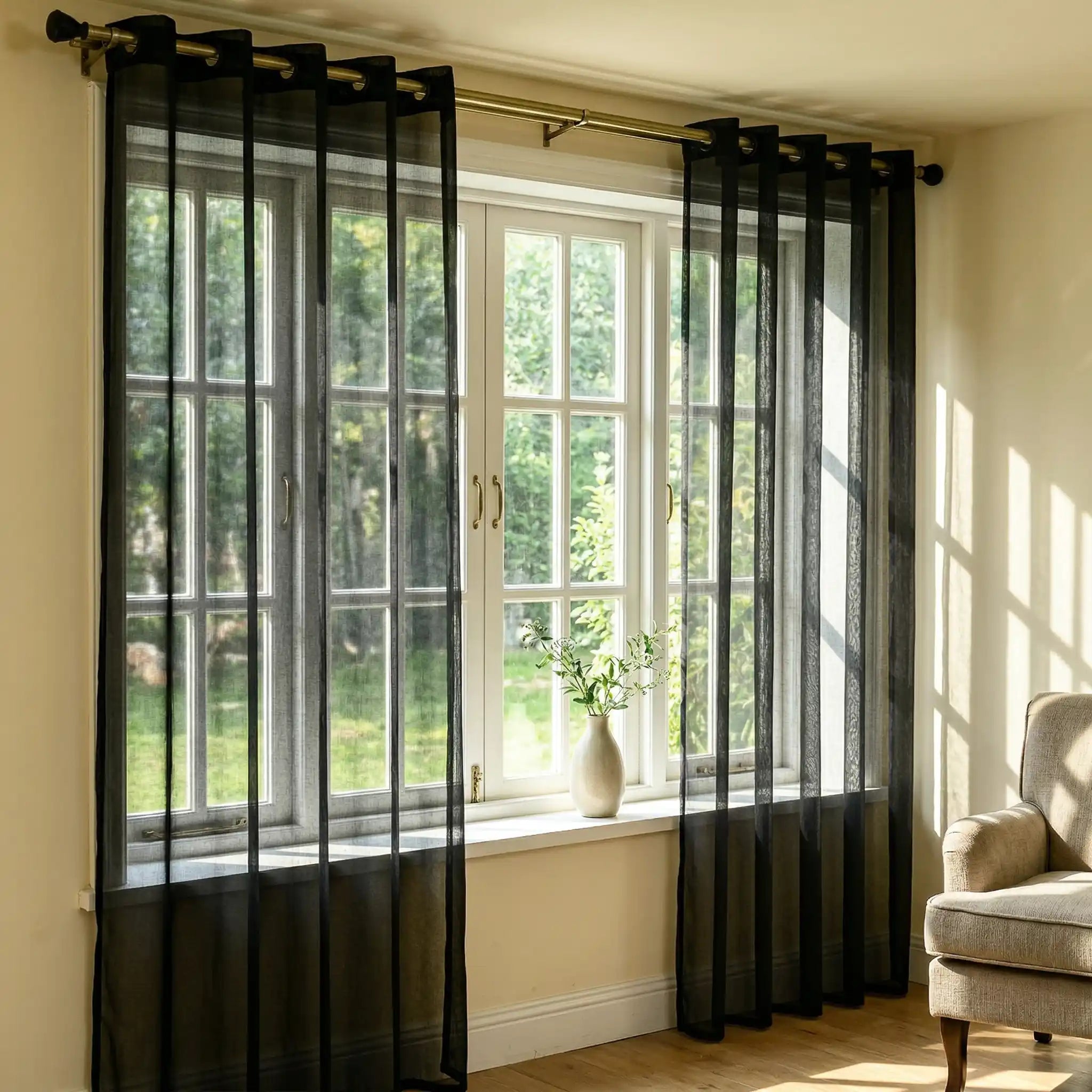 Black linen texture solid sheer curtains from DWCN Official, showcasing lightweight, semi-transparent fabric for elegant window decor.