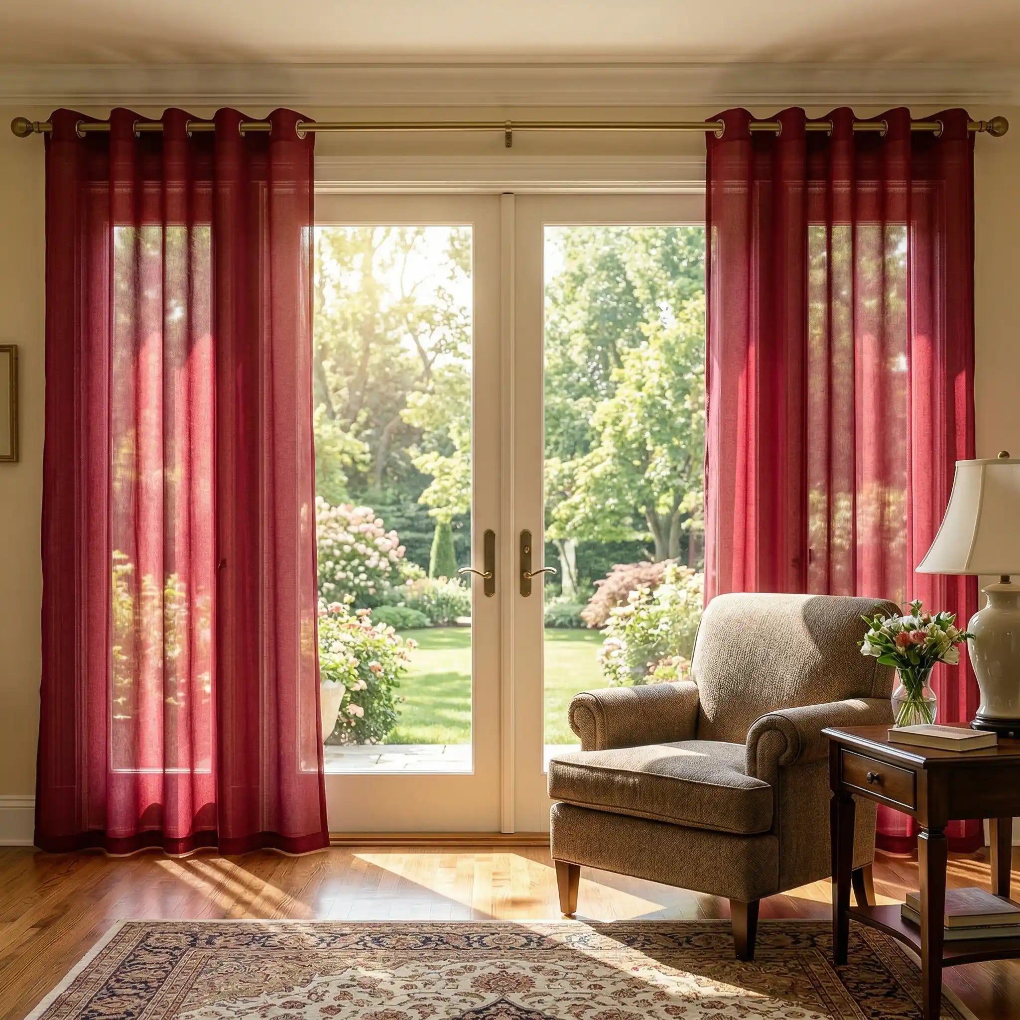 Burgundy red custom linen texture solid sheer curtains from DWCN Official hanging on a window with natural light.