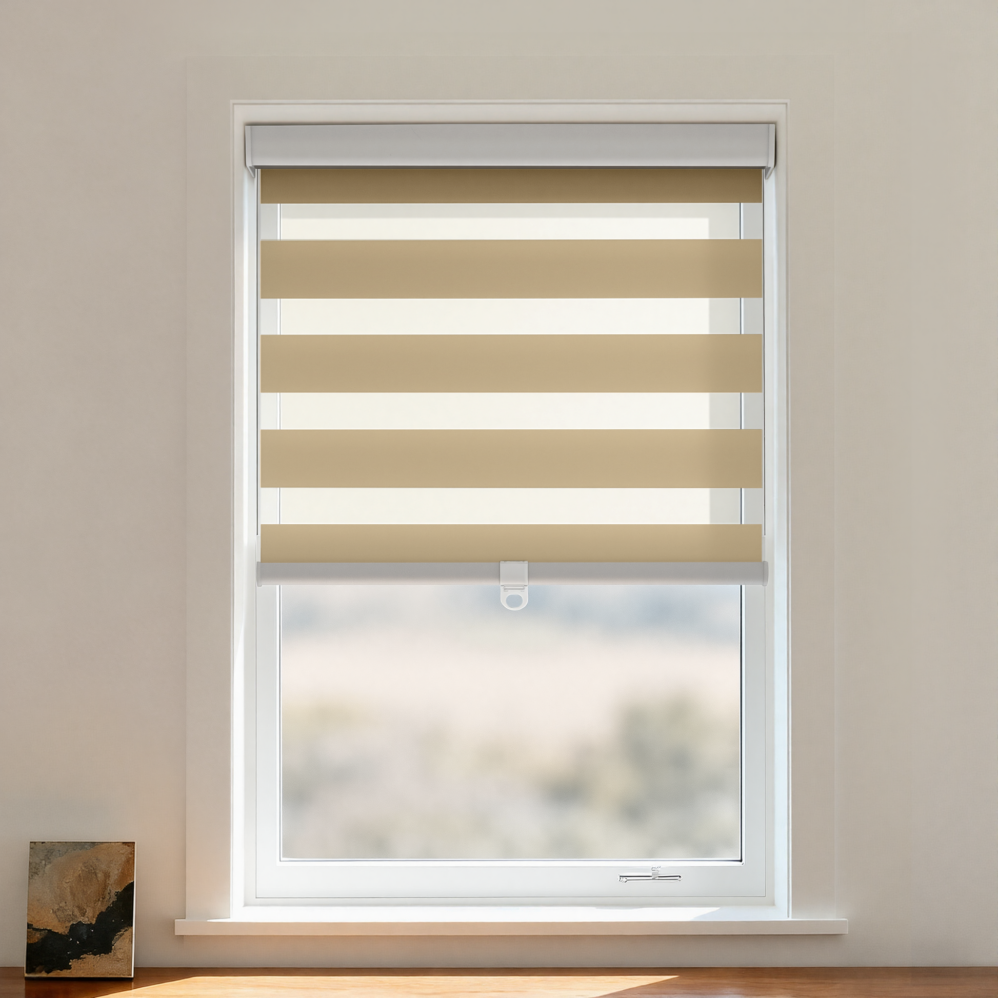Black cordless zebra shade by DWCN Official with black and white striped pattern, showcasing modern blackout window covering.