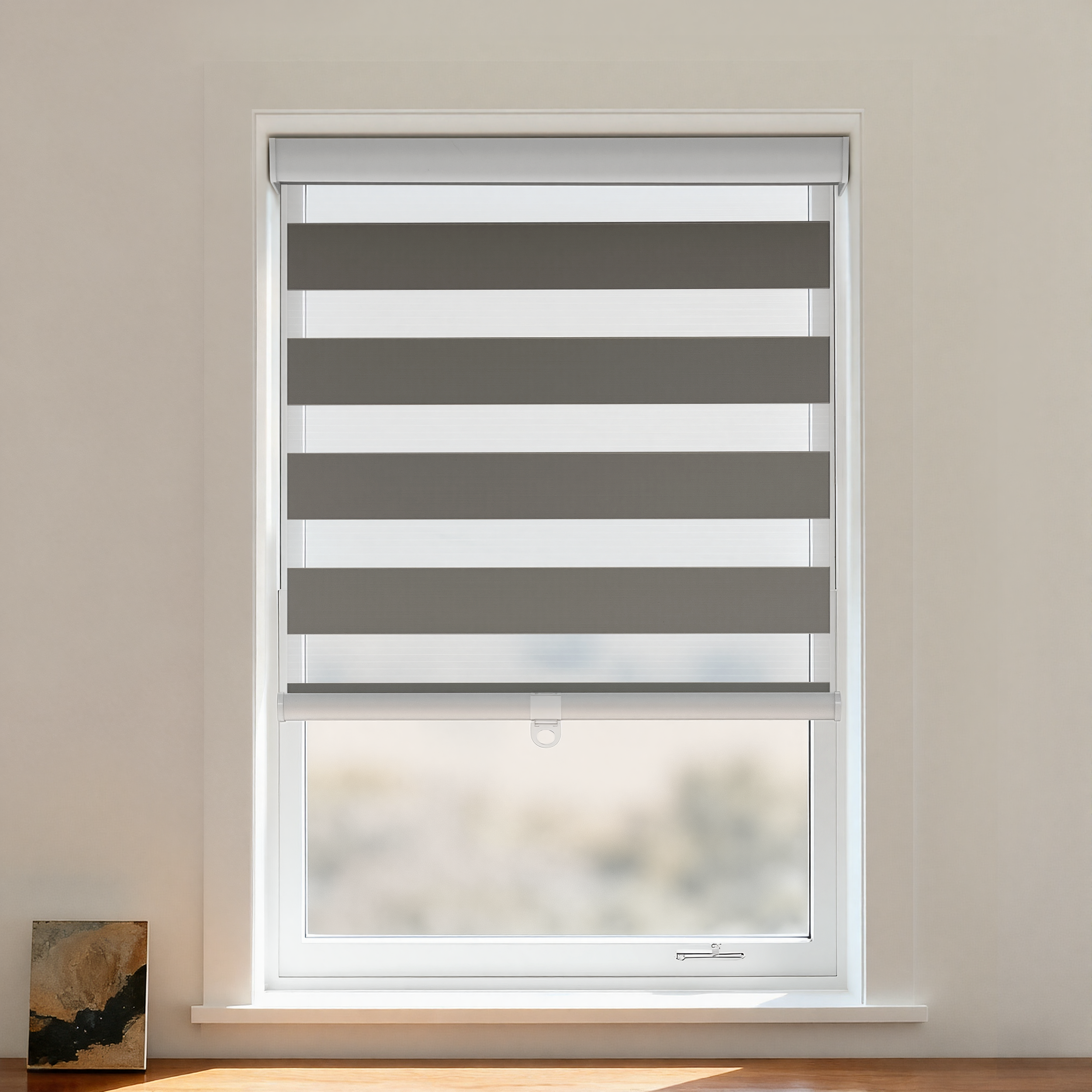 Blackout zebra shade by DWCN Official featuring cordless design in black with zebra pattern for light control and privacy.