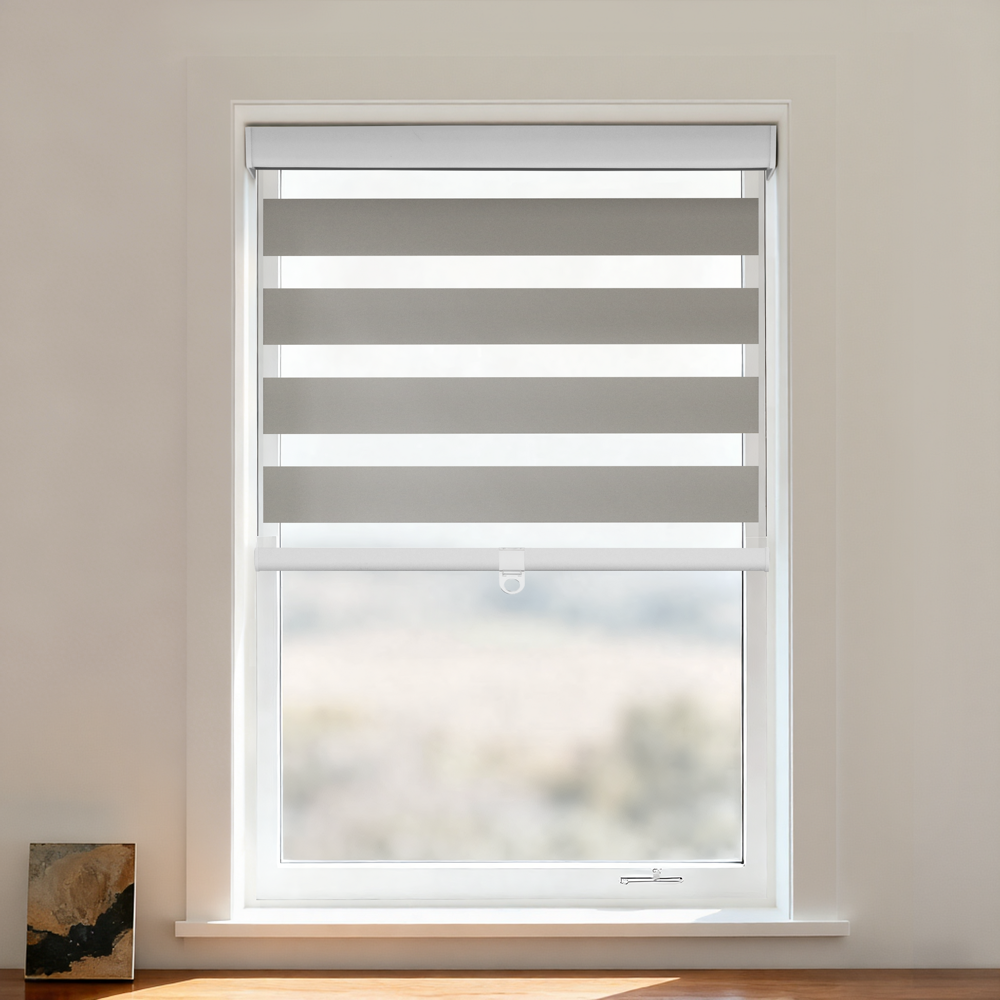 DWCN Official blackout zebra shade with cordless design, featuring black and white striped zebra pattern for light control.