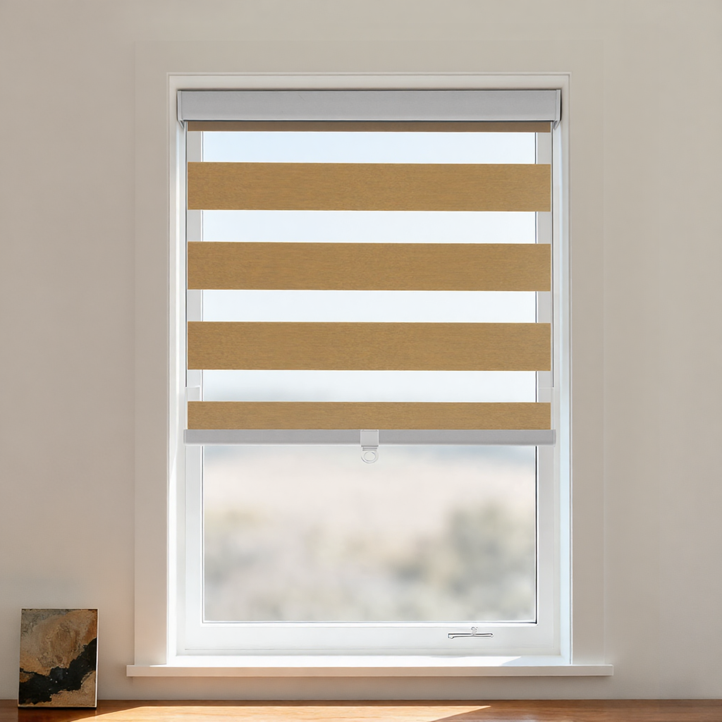 Blackout zebra shade from DWCN Official, cordless design with black and white zebra stripe pattern, ideal for modern window decor.
