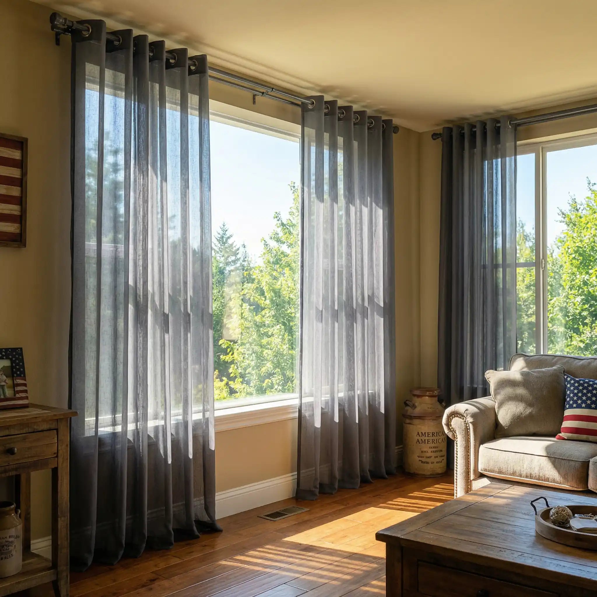 Dark grey custom linen texture sheer curtains by DWCN Official, showcasing lightweight, elegant fabric for window decor.