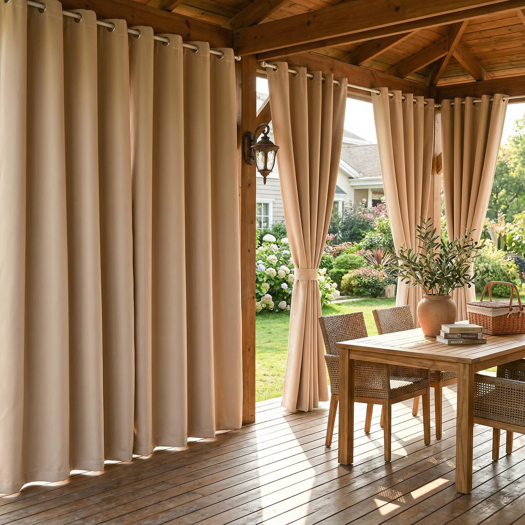 Waterproof grommet top outdoor curtain by DWCN Official hanging on a patio, showcasing its durable fabric and stylish design.