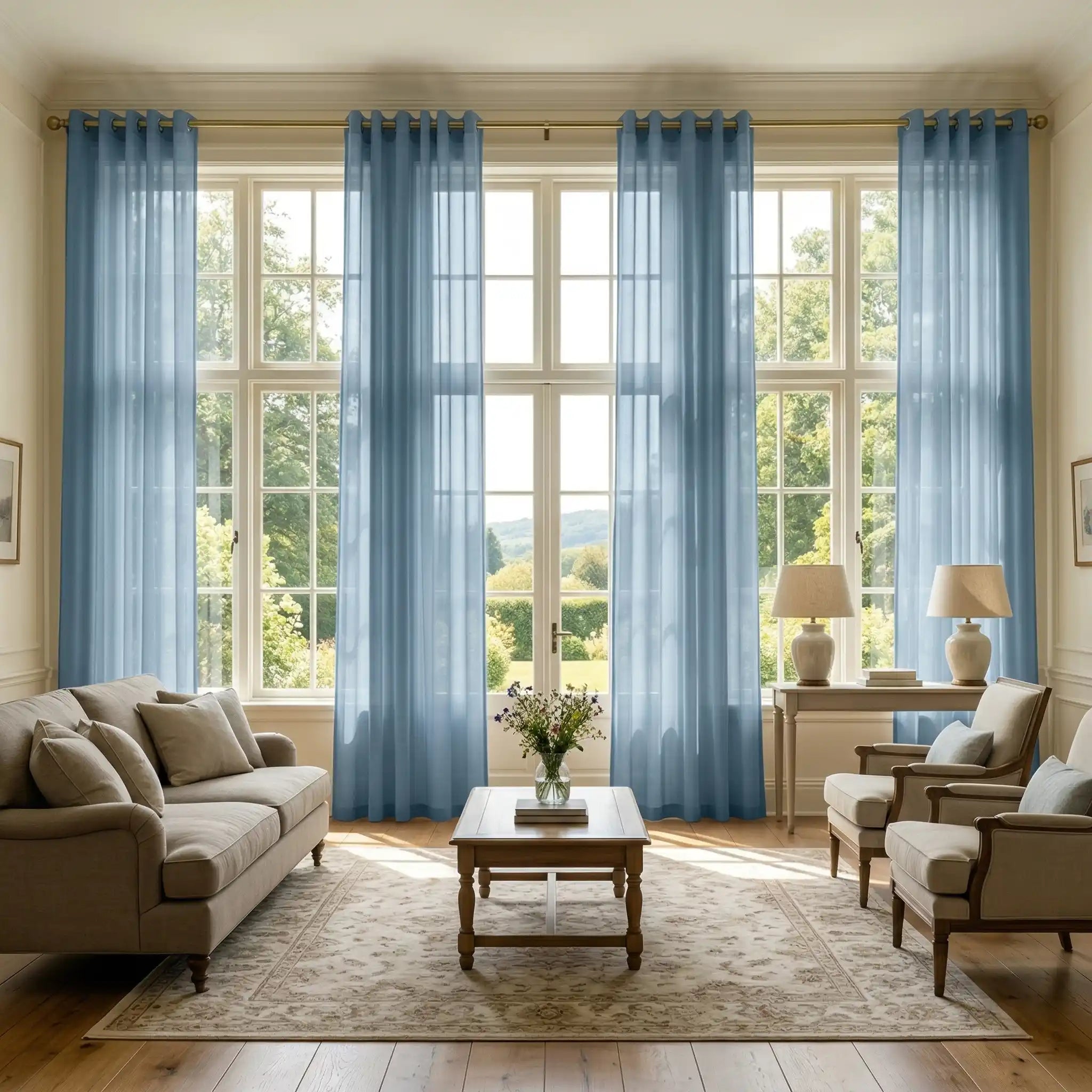 Dusty blue linen texture sheer curtains by DWCN Official, showcasing elegant, semi-transparent fabric for soft natural light diffusion.