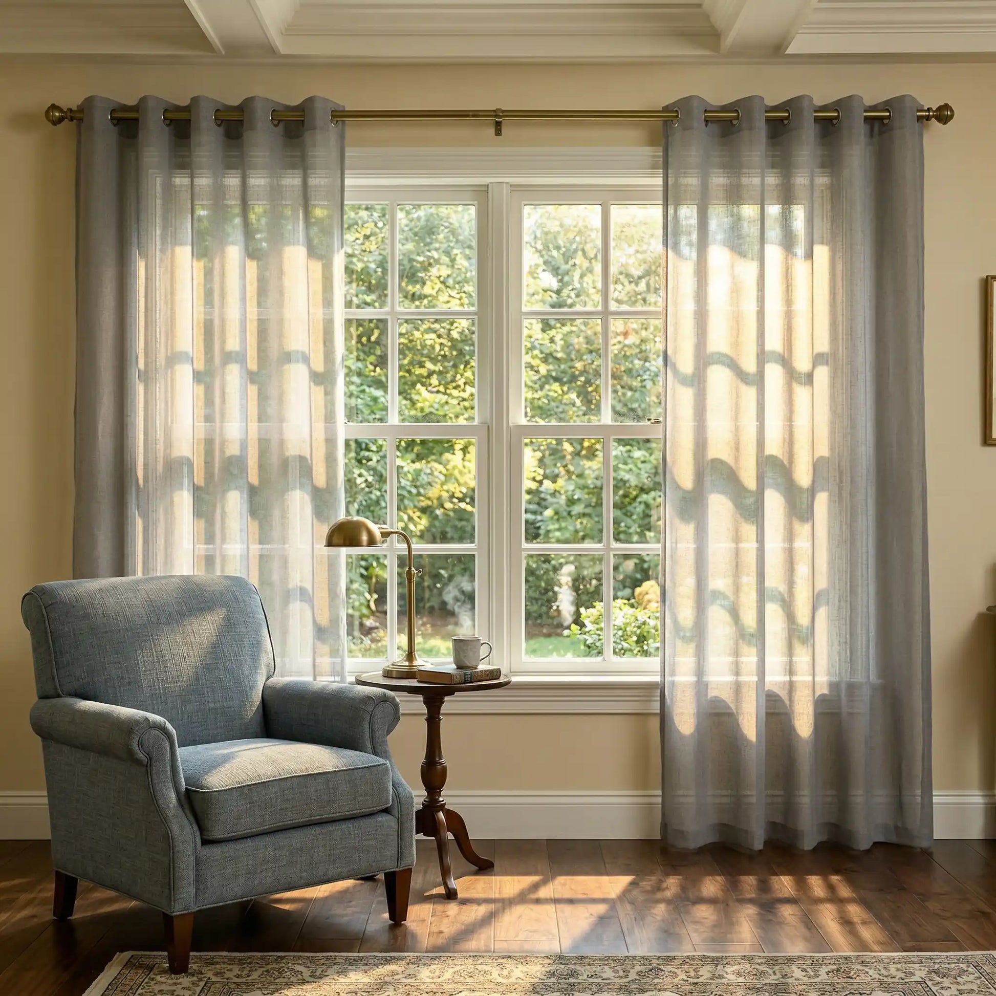 Grey linen texture sheer curtains from DWCN Official, showcasing lightweight, semi-transparent fabric for elegant window coverage.