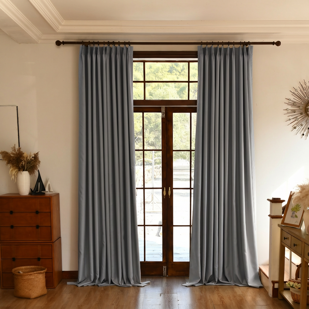 Gray DWCN Official total blackout silk-fiber curtains hanging, designed for light blocking and privacy.