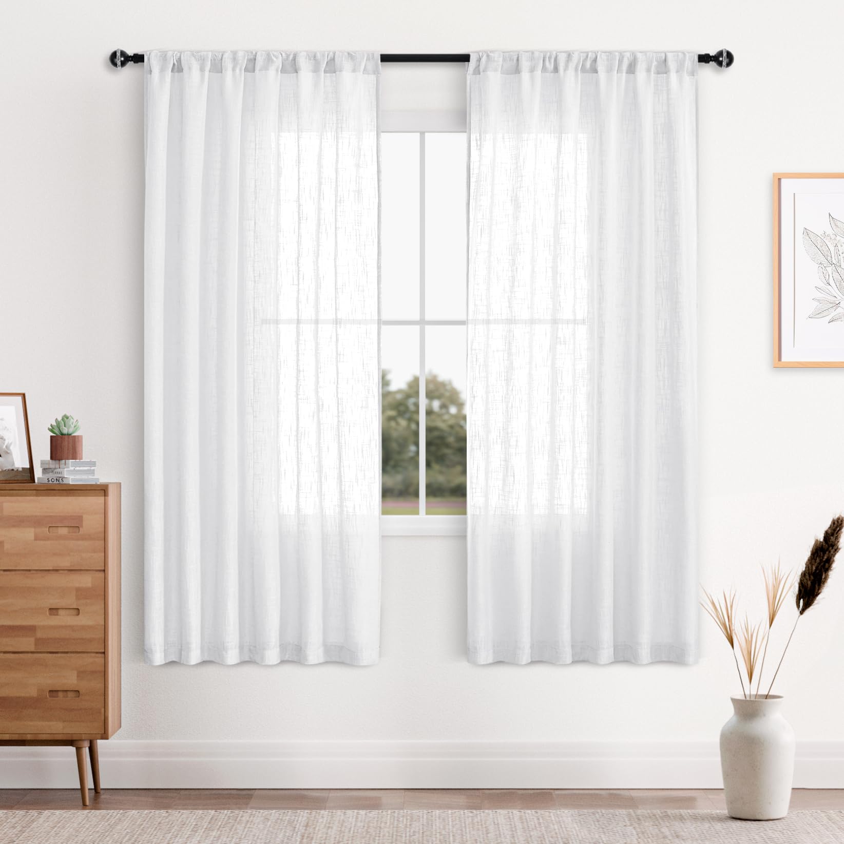 DWCN White Faux Linen Sheer Curtains, Set of 2 Panels