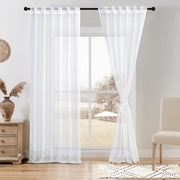 DWCN White Faux Linen Sheer Curtains with Tiebacks, Set of 2 Panels
