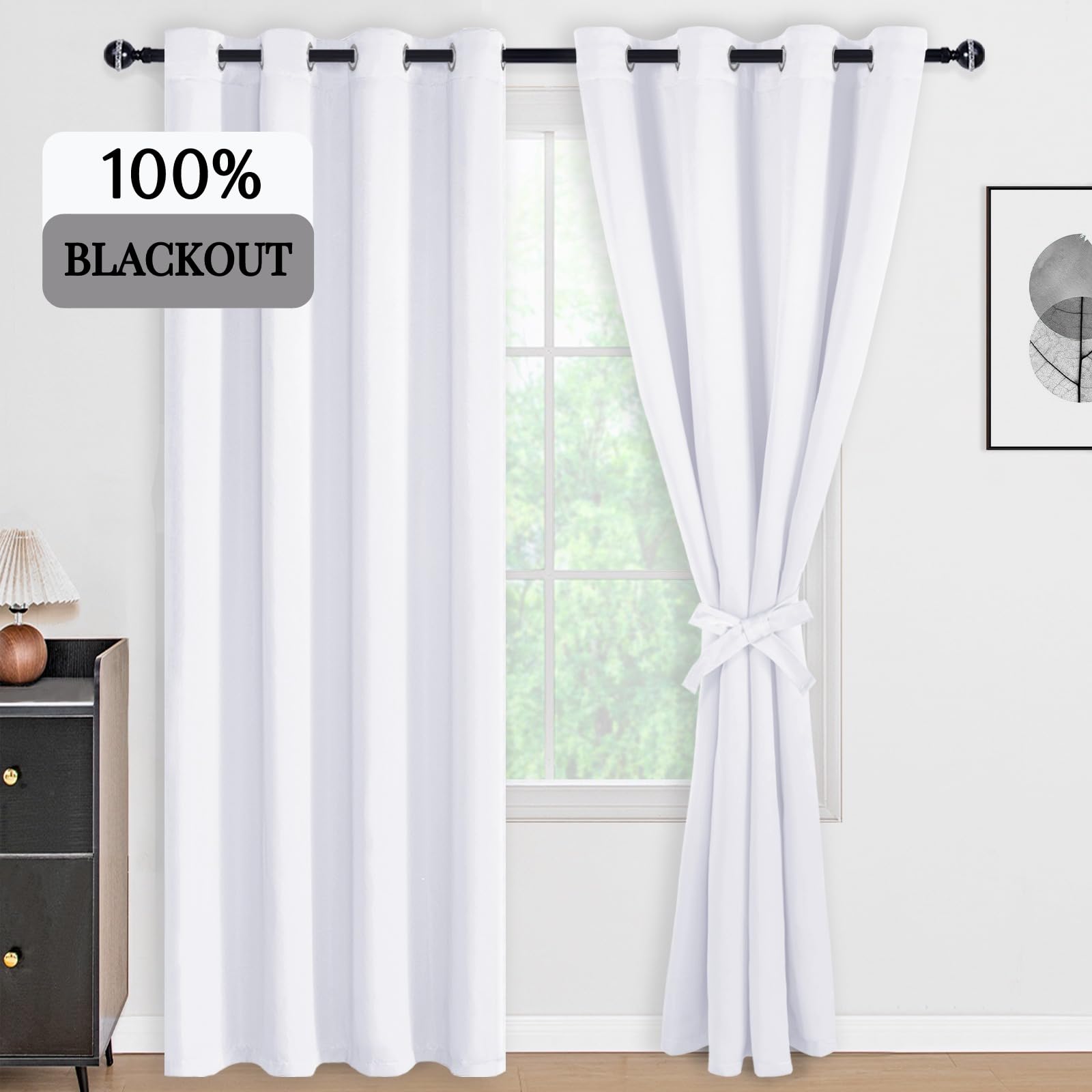 DWCN 100% Blackout Curtains with Tiebacks, Set of 2 Panels