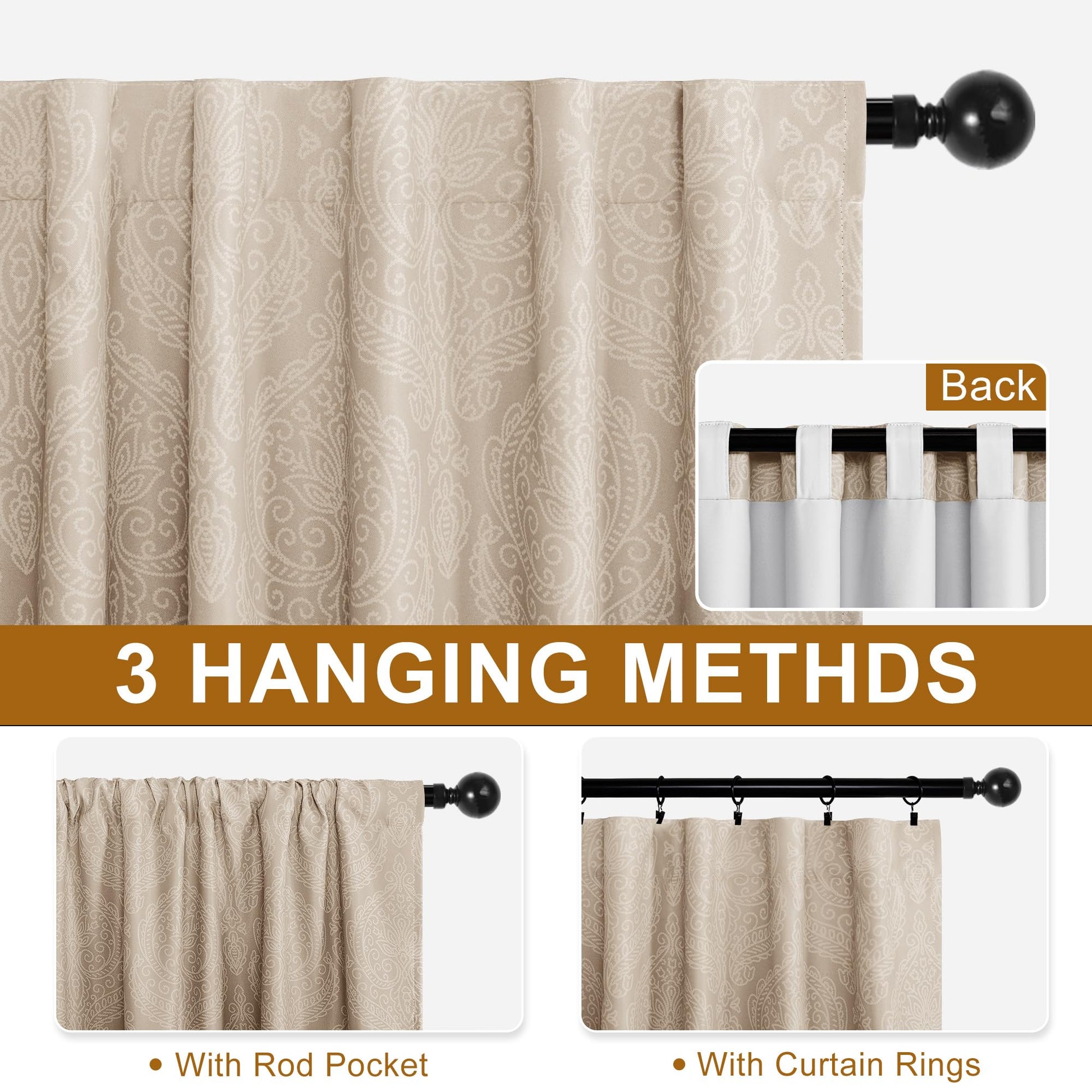 Beige curtain with rod pocket and curtain rings hanging methods displayed.