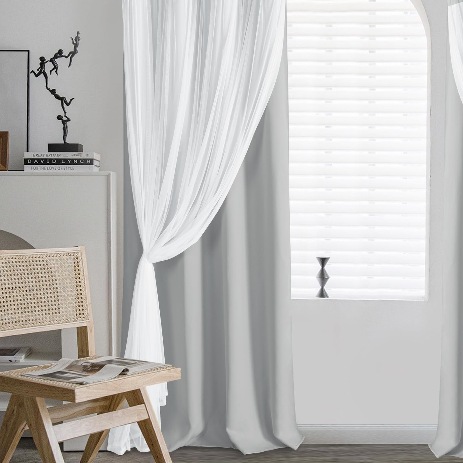 DWCN Layered Curtains, Blackout and Sheer Curtains with Tiebacks, 2 Pieces
