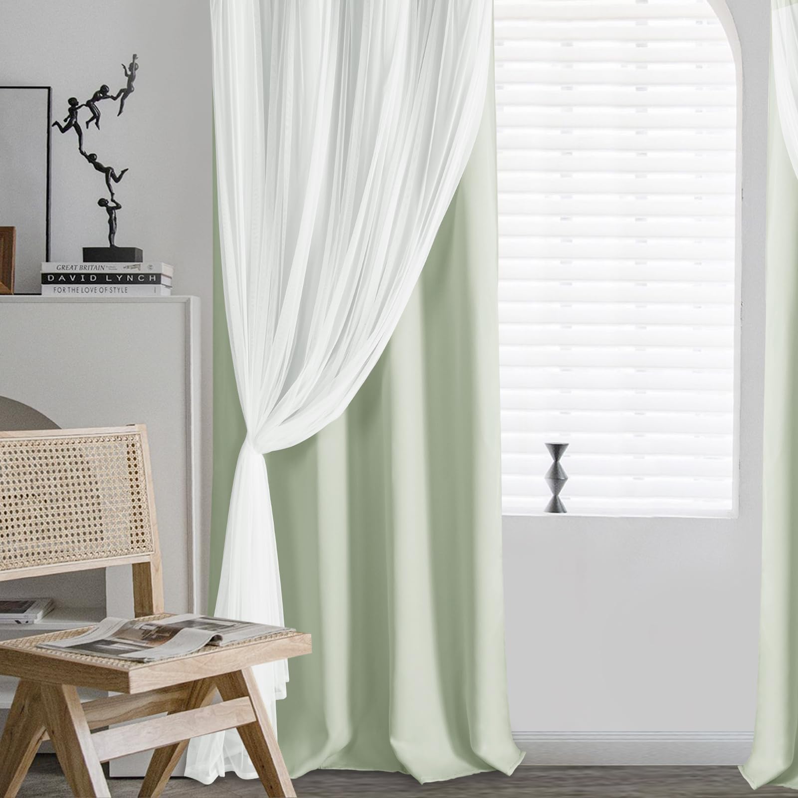 DWCN Layered Curtains, Blackout and Sheer Curtains with Tiebacks, 2 Pieces