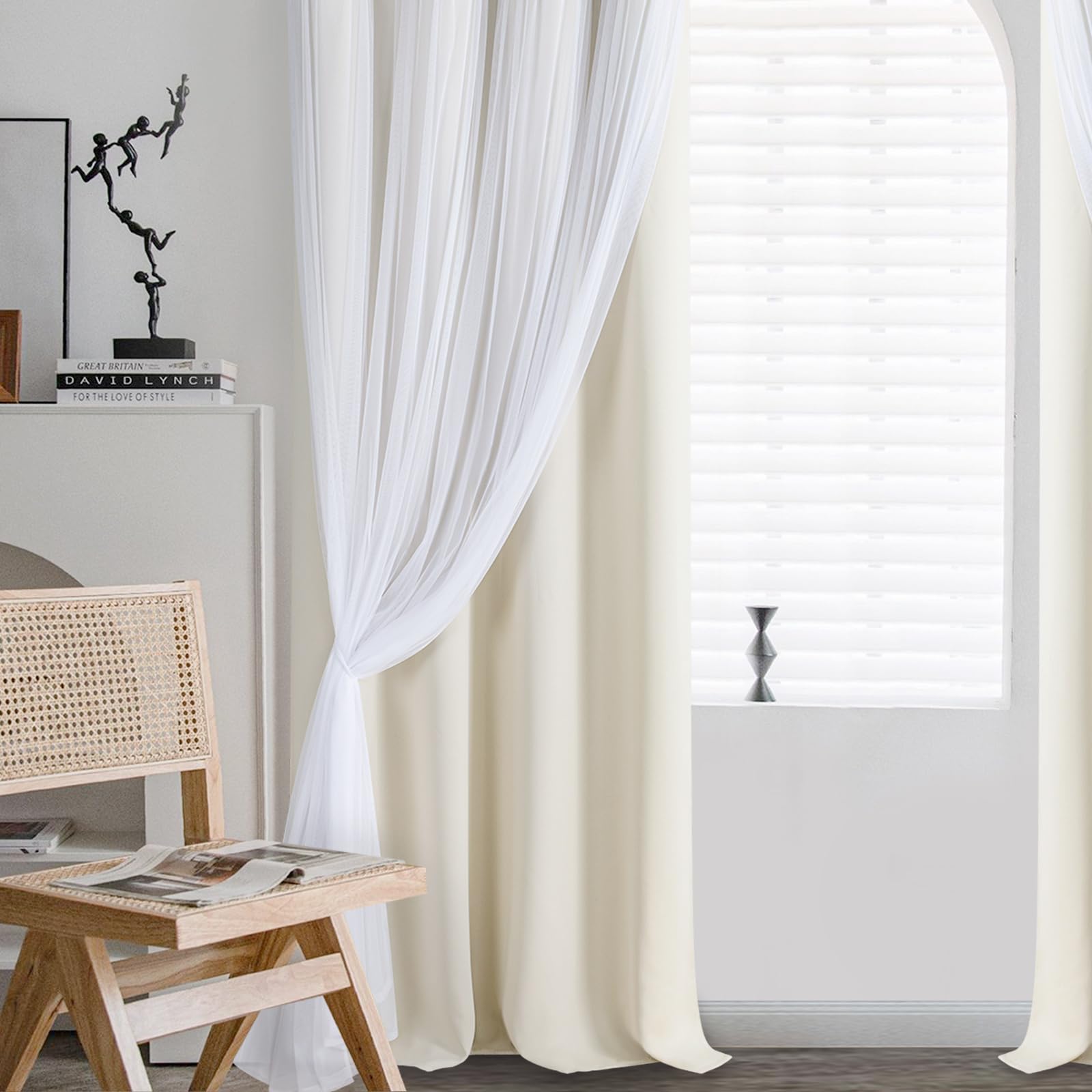 DWCN Layered Curtains, Blackout and Sheer Curtains with Tiebacks, 2 Pieces