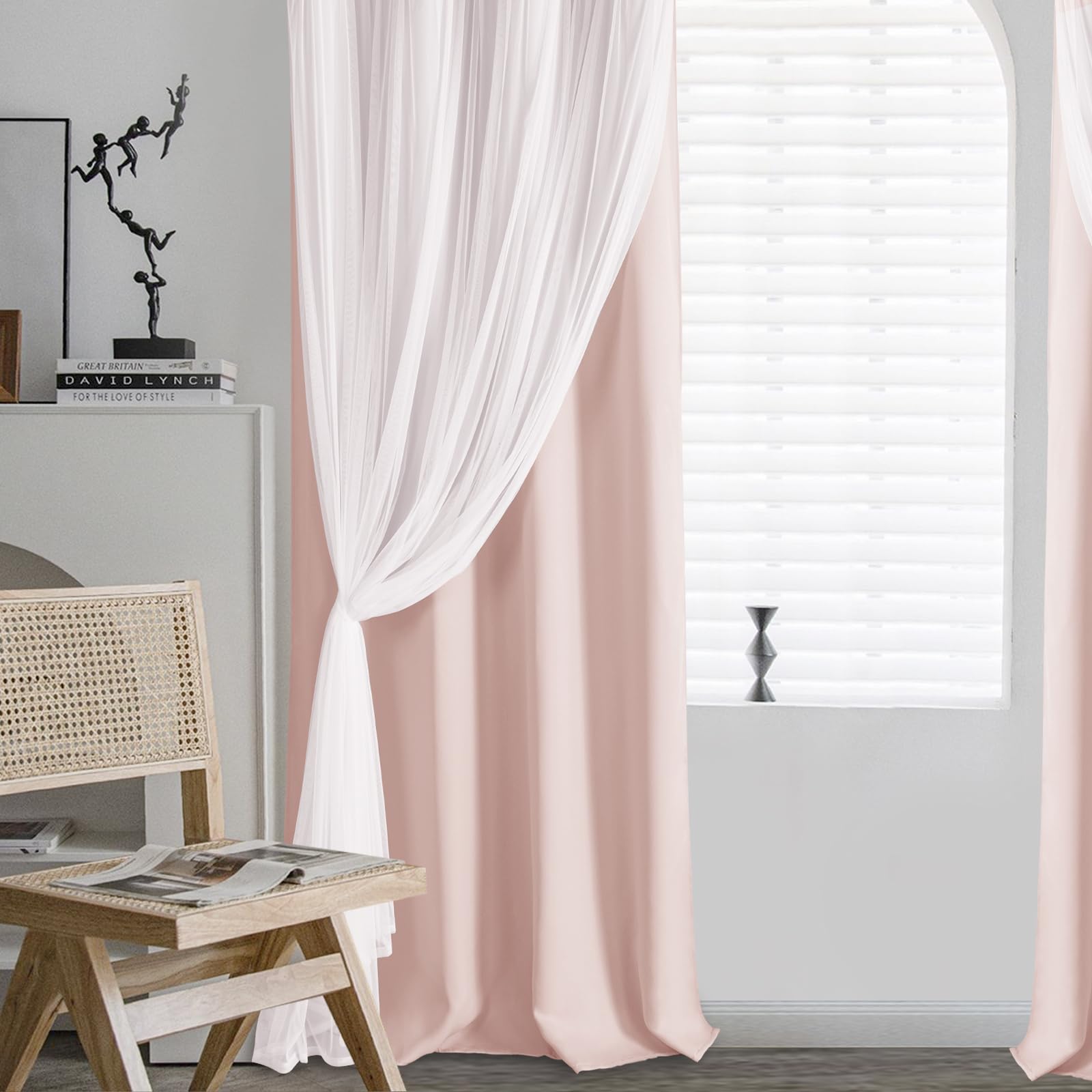DWCN Layered Curtains, Blackout and Sheer Curtains with Tiebacks, 2 Pieces