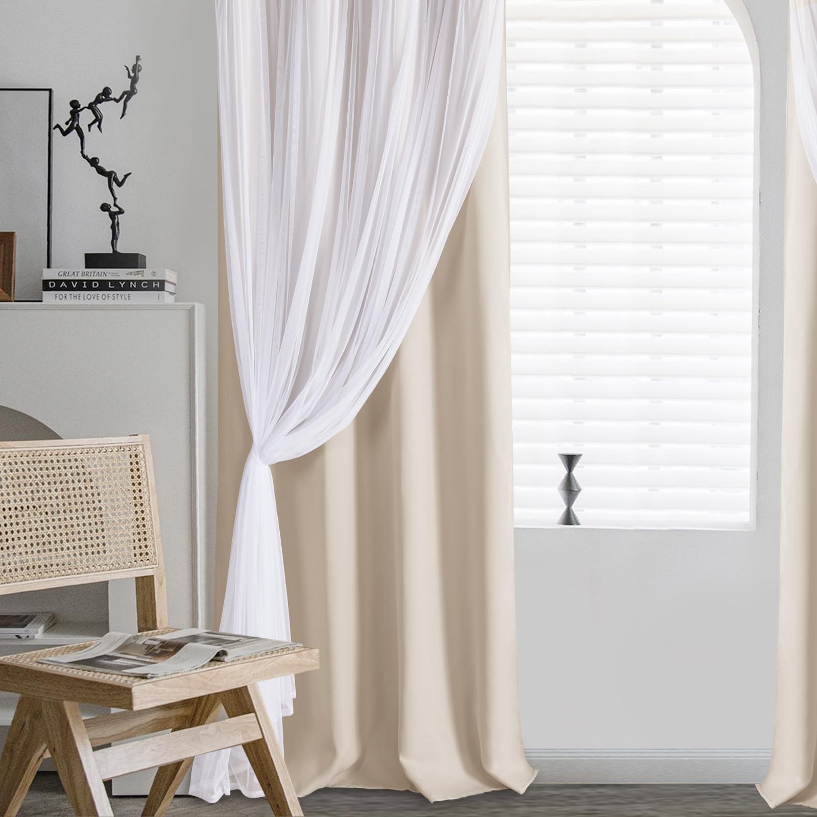 DWCN Layered Curtains, Blackout and Sheer Curtains with Tiebacks, 2 Pieces